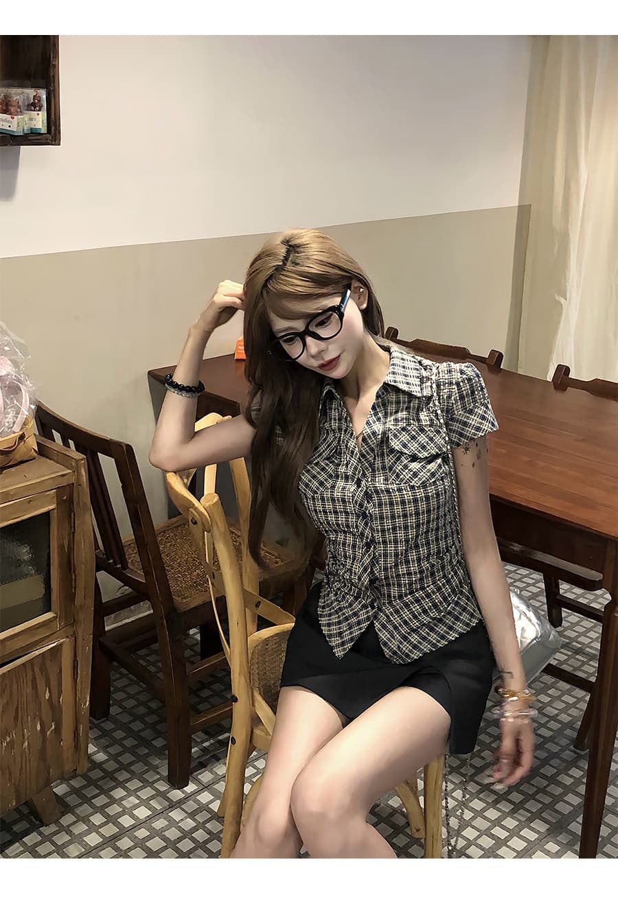 원본 순면 원단 고급 센스 격자 무늬 셔츠 여름 핫걸 허리 수축 몸매 가꾸기 품격 반팔 맨위 여성 상세 이미지 12