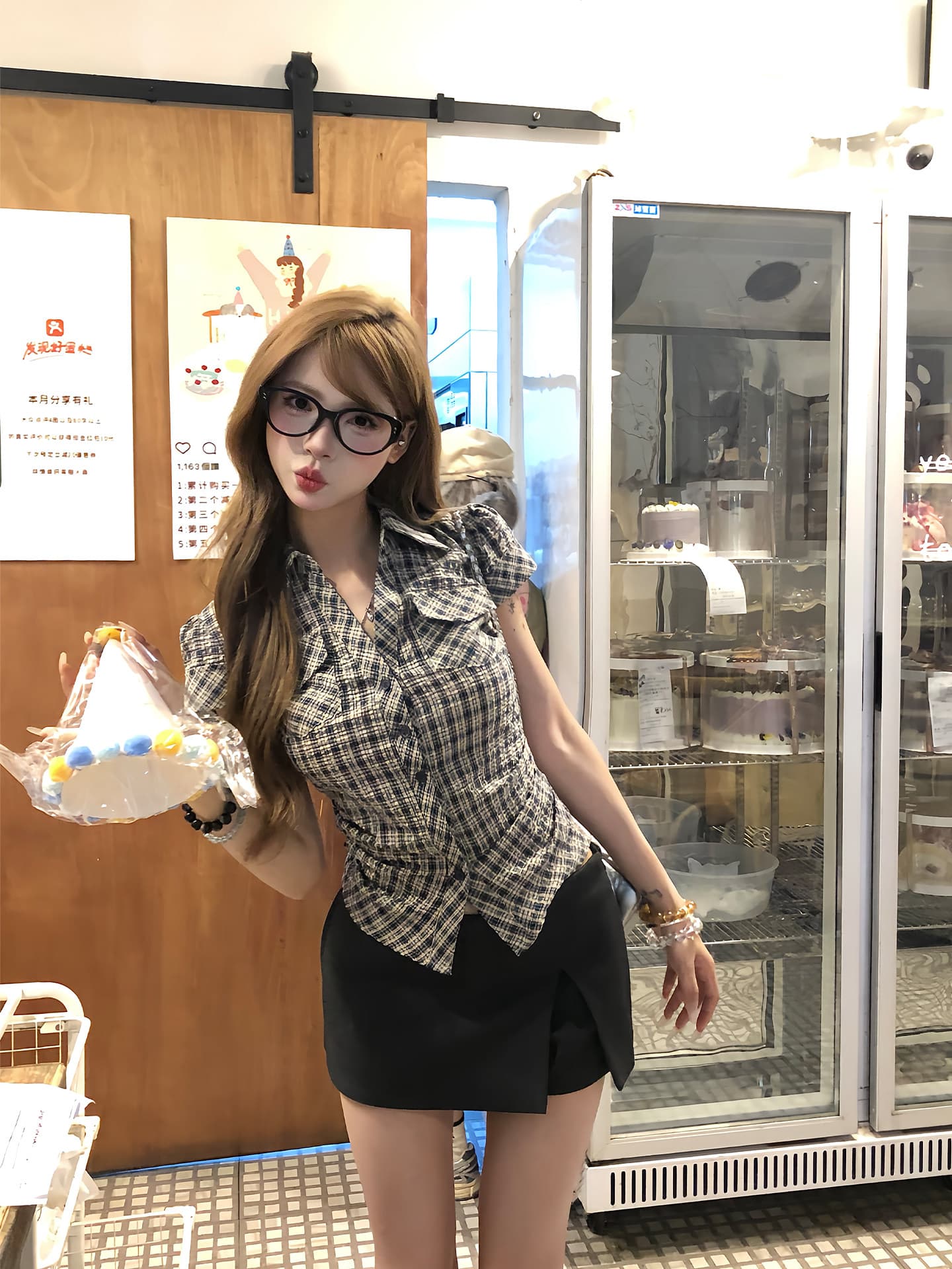 원본 순면 원단 고급 센스 격자 무늬 셔츠 여름 핫걸 허리 수축 몸매 가꾸기 품격 반팔 맨위 여성 상세 이미지 16