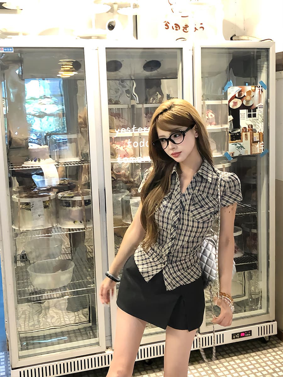 원본 순면 원단 고급 센스 격자 무늬 셔츠 여름 핫걸 허리 수축 몸매 가꾸기 품격 반팔 맨위 여성 상세 이미지 17