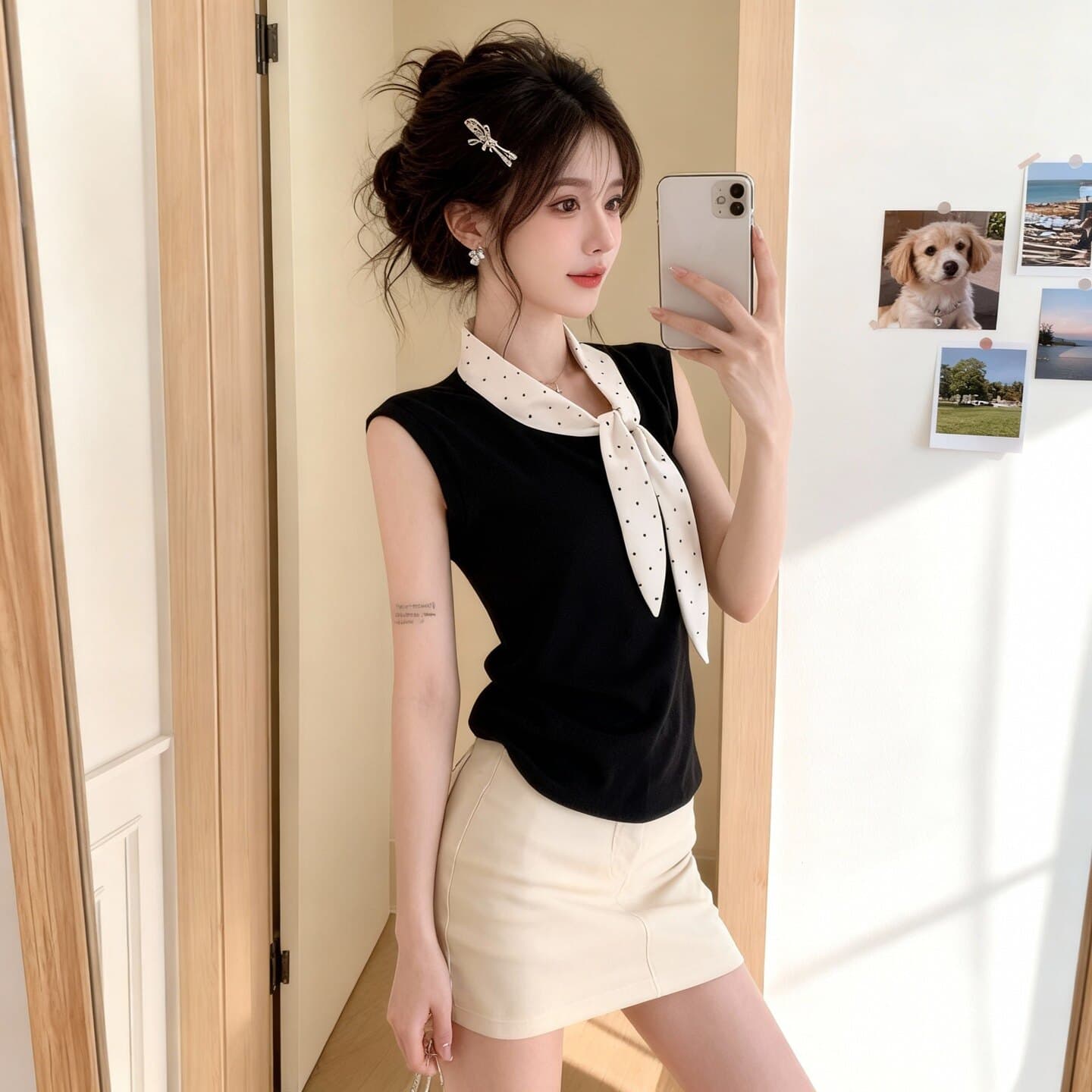 원본 품질 한 부서 착용 가져 가라. 나비 매듭 도트 무늬 핫걸 자이언트 잘 생긴 디자인 센스 허리 수축 민소매 맨위 여성 상세 이미지 2