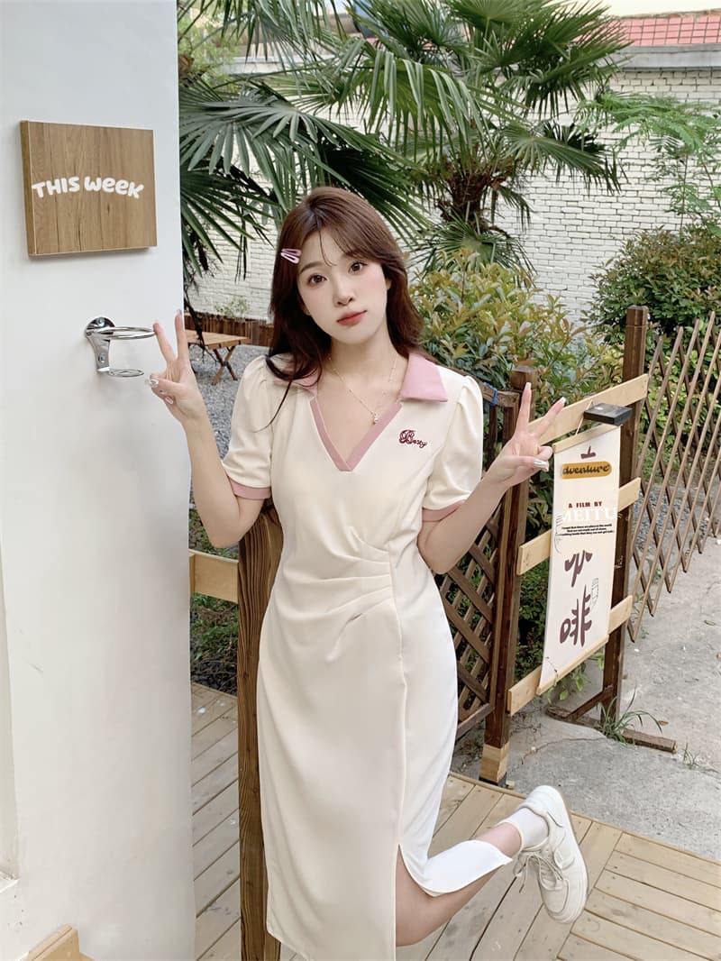 실사 빅 사이즈 주름 표지 배 슬림해 보이는 여성 드레스 여름 마이크로 지방 학원 스타일 V넥 길다 치마 품격 이미지 3