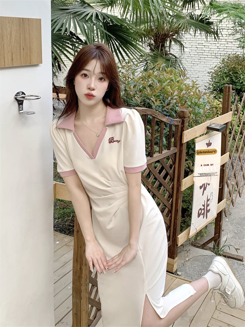 실사 빅 사이즈 주름 표지 배 슬림해 보이는 여성 드레스 여름 마이크로 지방 학원 스타일 V넥 길다 치마 품격 이미지 4
