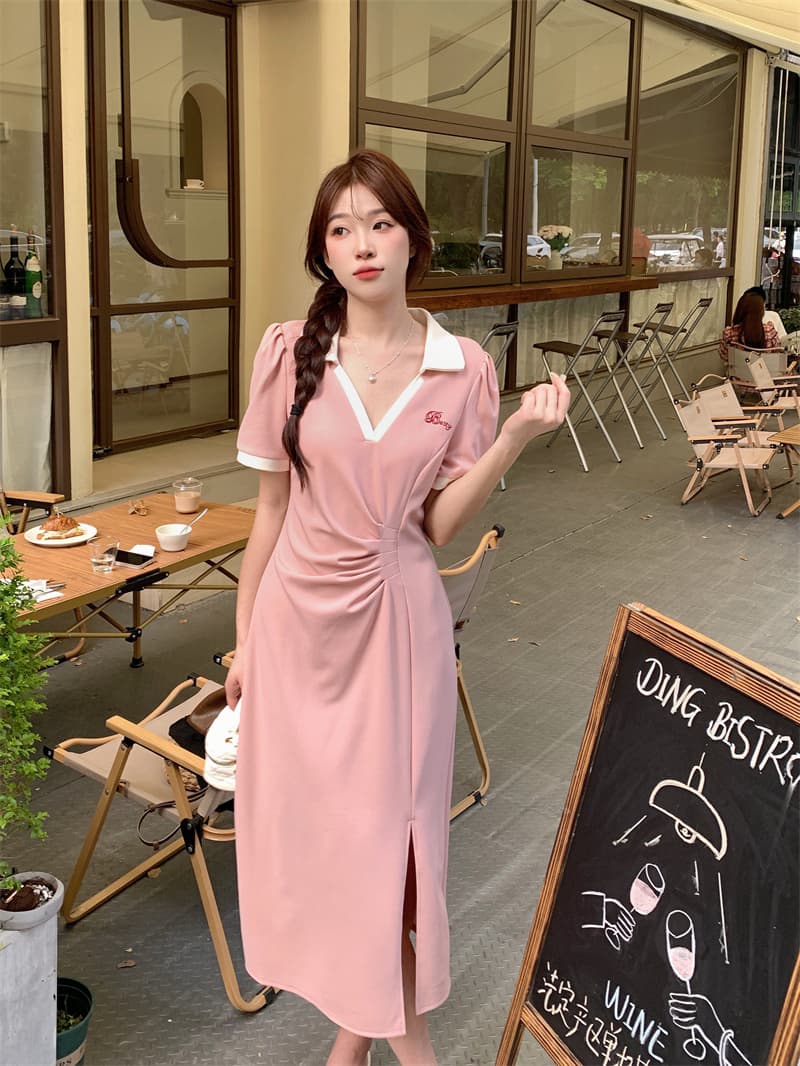 실사 빅 사이즈 주름 표지 배 슬림해 보이는 여성 드레스 여름 마이크로 지방 학원 스타일 V넥 길다 치마 품격