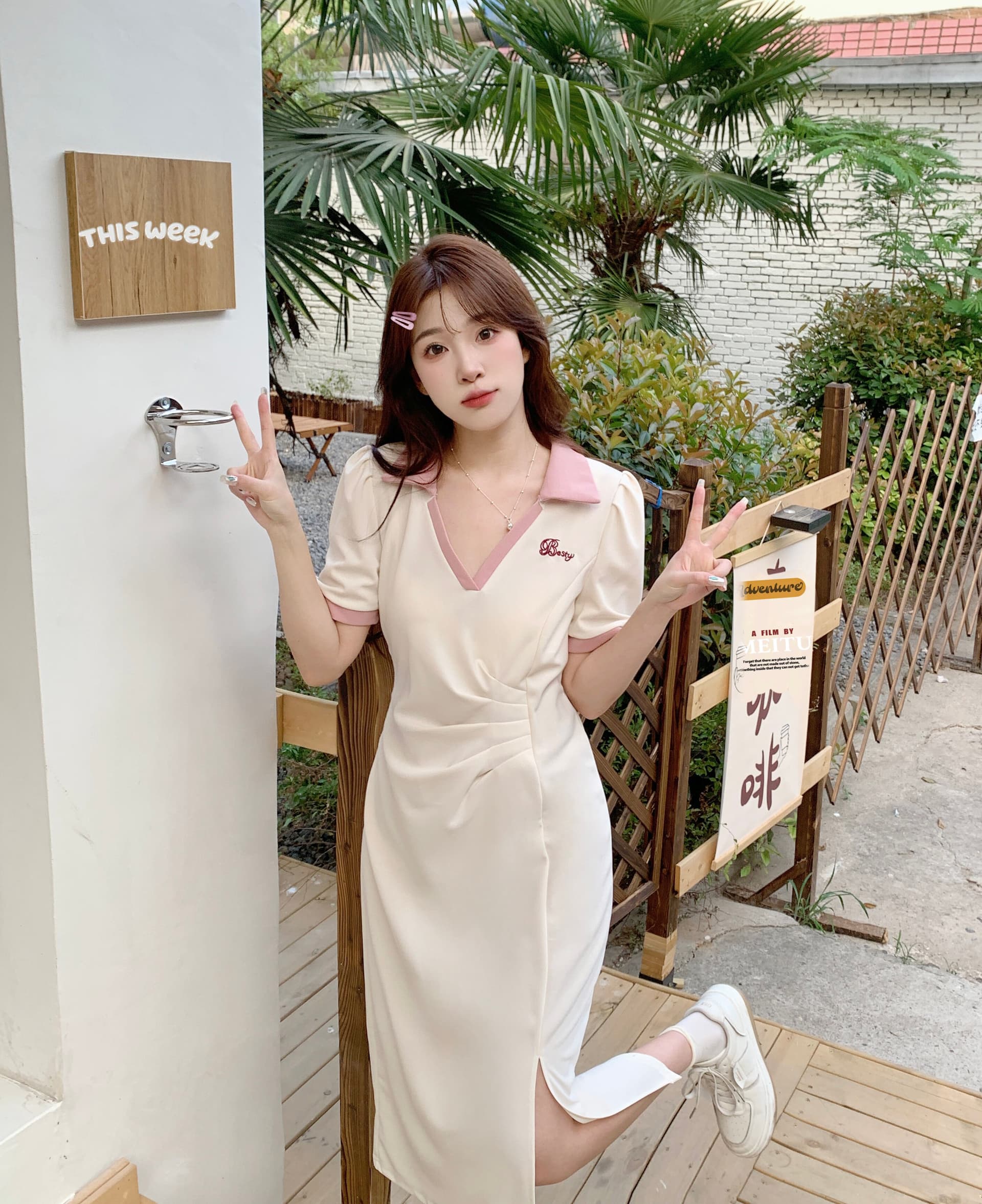 실사 빅 사이즈 주름 표지 배 슬림해 보이는 여성 드레스 여름 마이크로 지방 학원 스타일 V넥 길다 치마 품격 상세 이미지 2