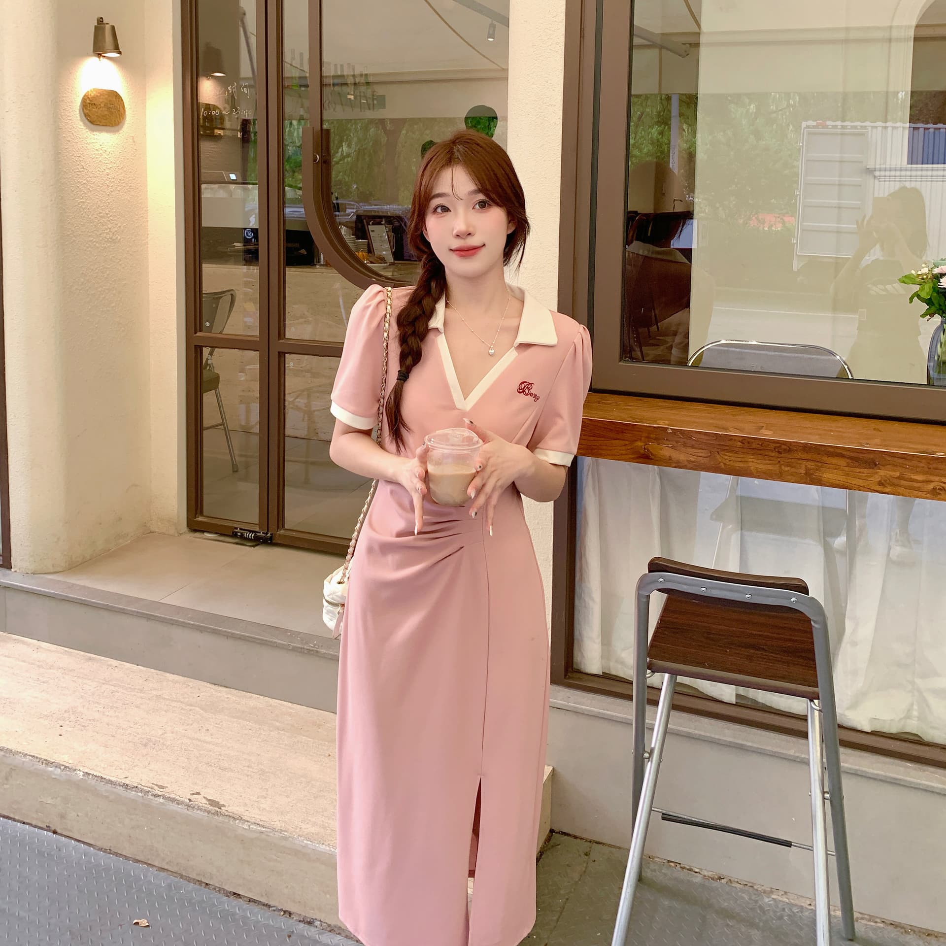 실사 빅 사이즈 주름 표지 배 슬림해 보이는 여성 드레스 여름 마이크로 지방 학원 스타일 V넥 길다 치마 품격 상세 이미지 3