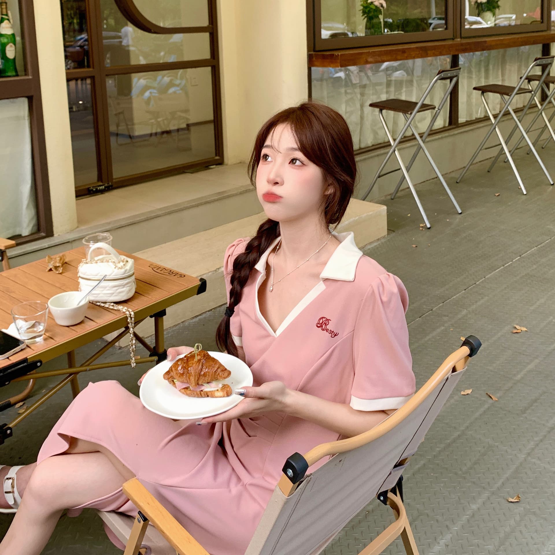 실사 빅 사이즈 주름 표지 배 슬림해 보이는 여성 드레스 여름 마이크로 지방 학원 스타일 V넥 길다 치마 품격 상세 이미지 4