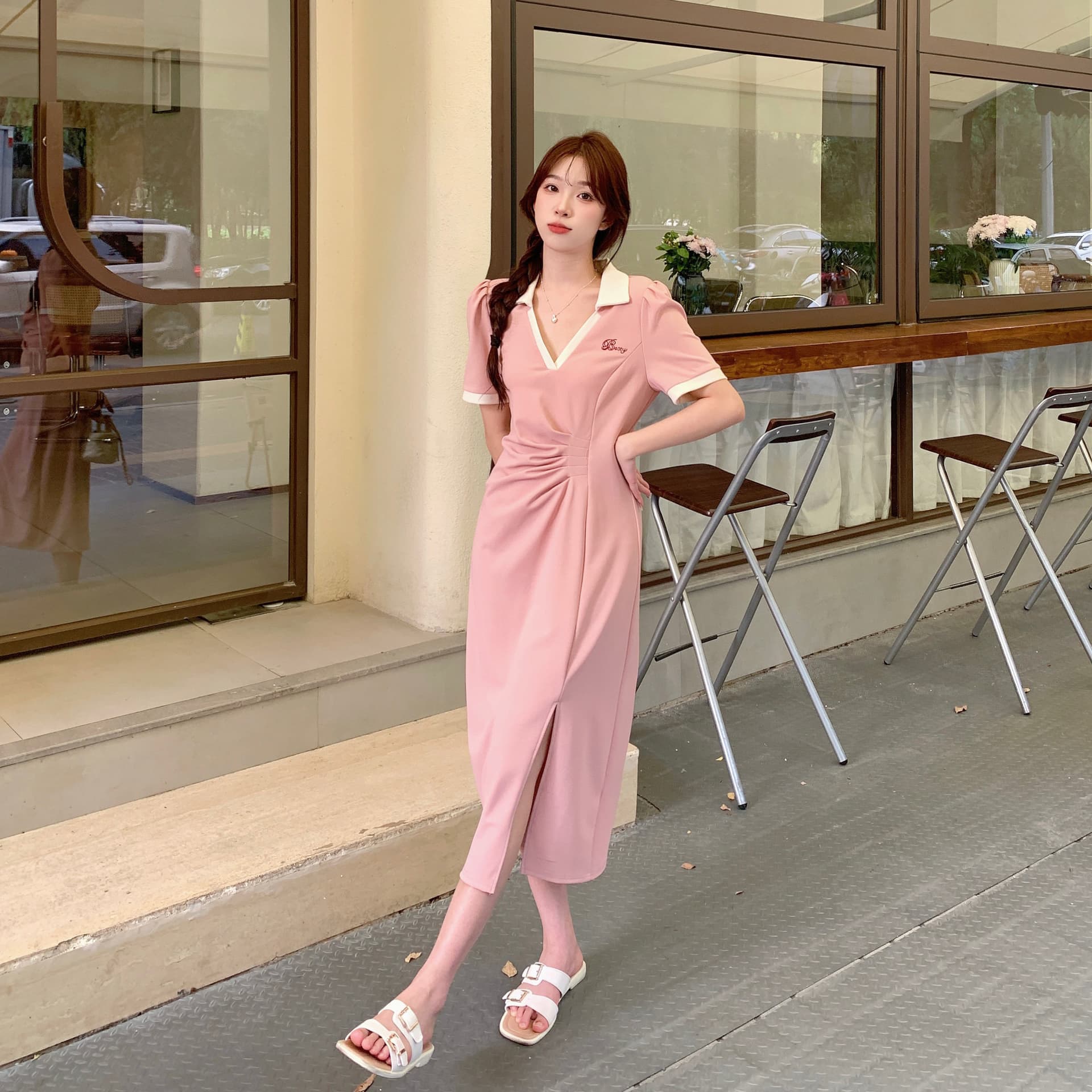 실사 빅 사이즈 주름 표지 배 슬림해 보이는 여성 드레스 여름 마이크로 지방 학원 스타일 V넥 길다 치마 품격 상세 이미지 6