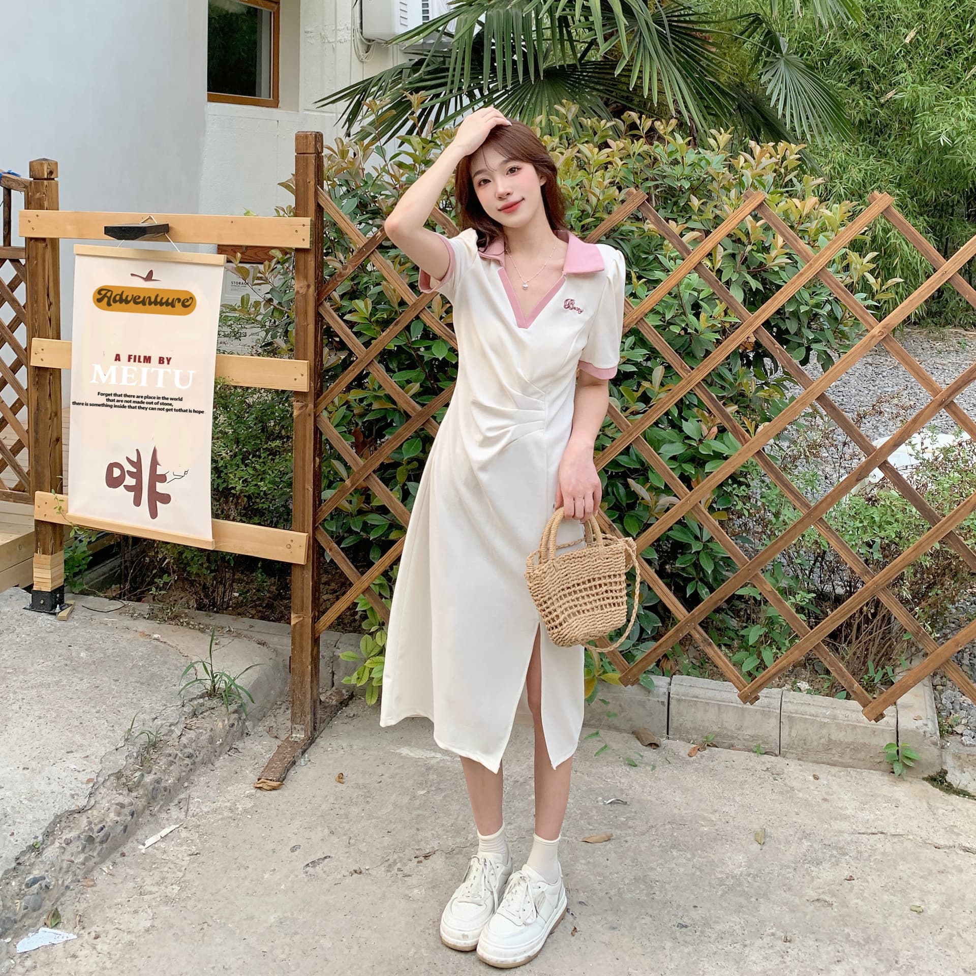 실사 빅 사이즈 주름 표지 배 슬림해 보이는 여성 드레스 여름 마이크로 지방 학원 스타일 V넥 길다 치마 품격 상세 이미지 8