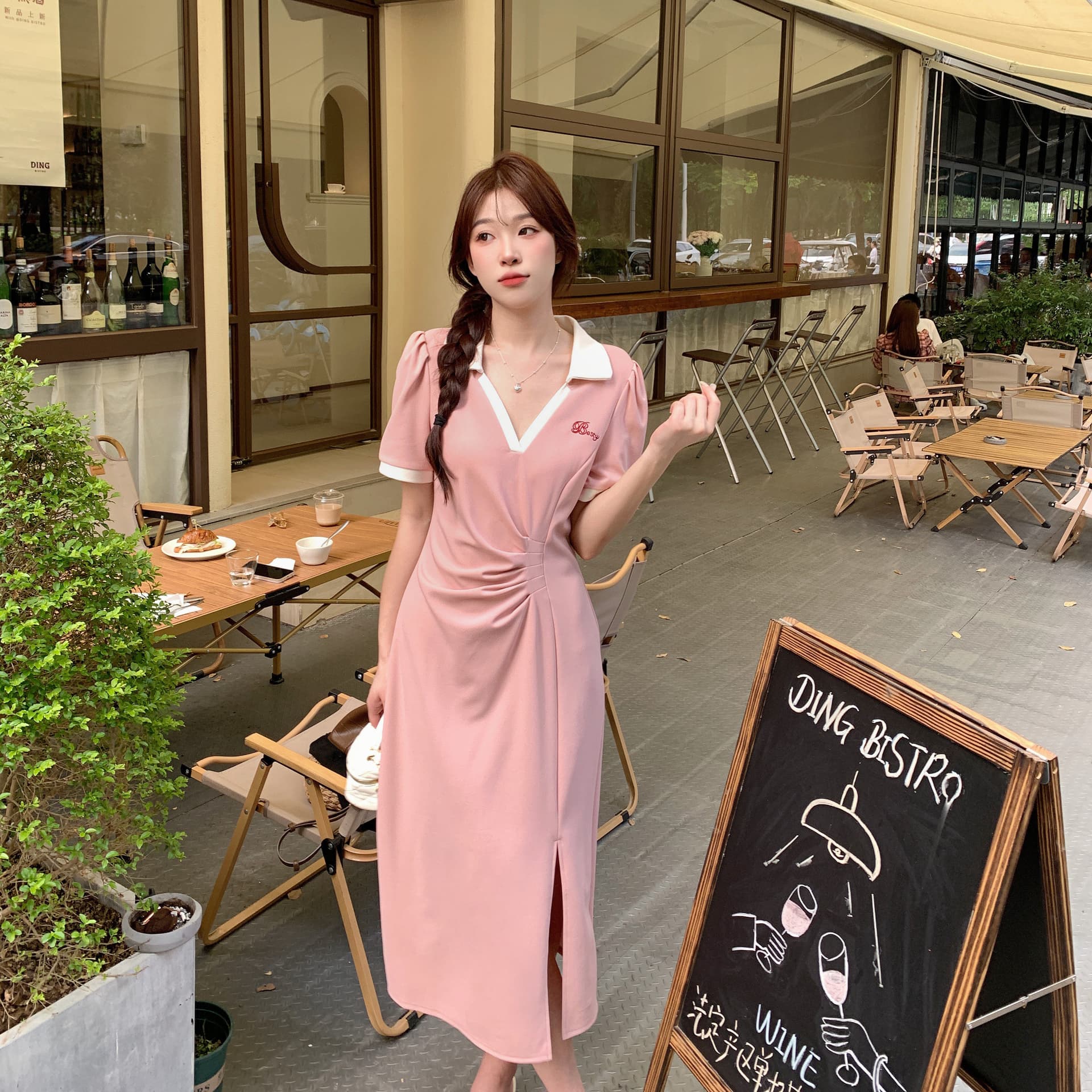 실사 빅 사이즈 주름 표지 배 슬림해 보이는 여성 드레스 여름 마이크로 지방 학원 스타일 V넥 길다 치마 품격 상세 이미지 9