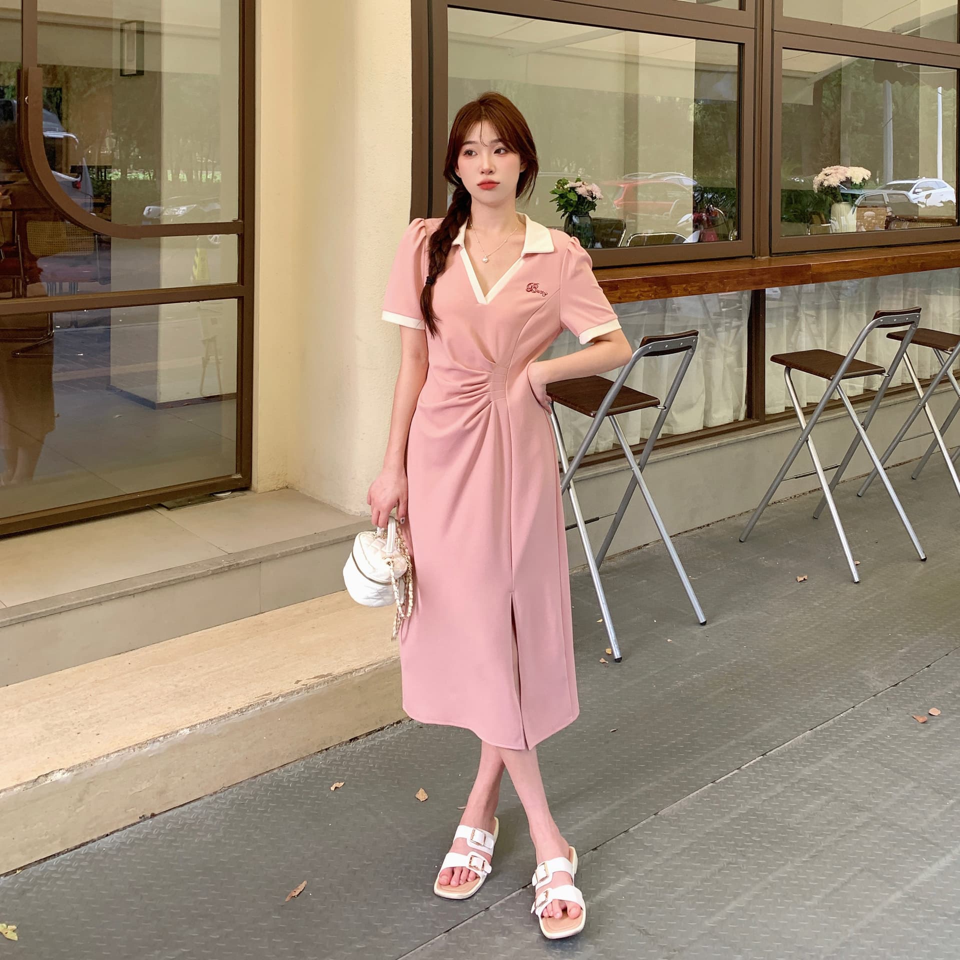 실사 빅 사이즈 주름 표지 배 슬림해 보이는 여성 드레스 여름 마이크로 지방 학원 스타일 V넥 길다 치마 품격 상세 이미지 10