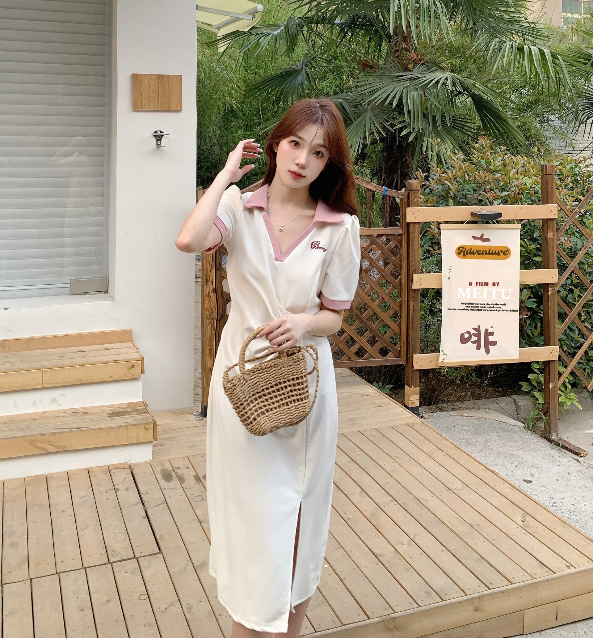 실사 빅 사이즈 주름 표지 배 슬림해 보이는 여성 드레스 여름 마이크로 지방 학원 스타일 V넥 길다 치마 품격 상세 이미지 12