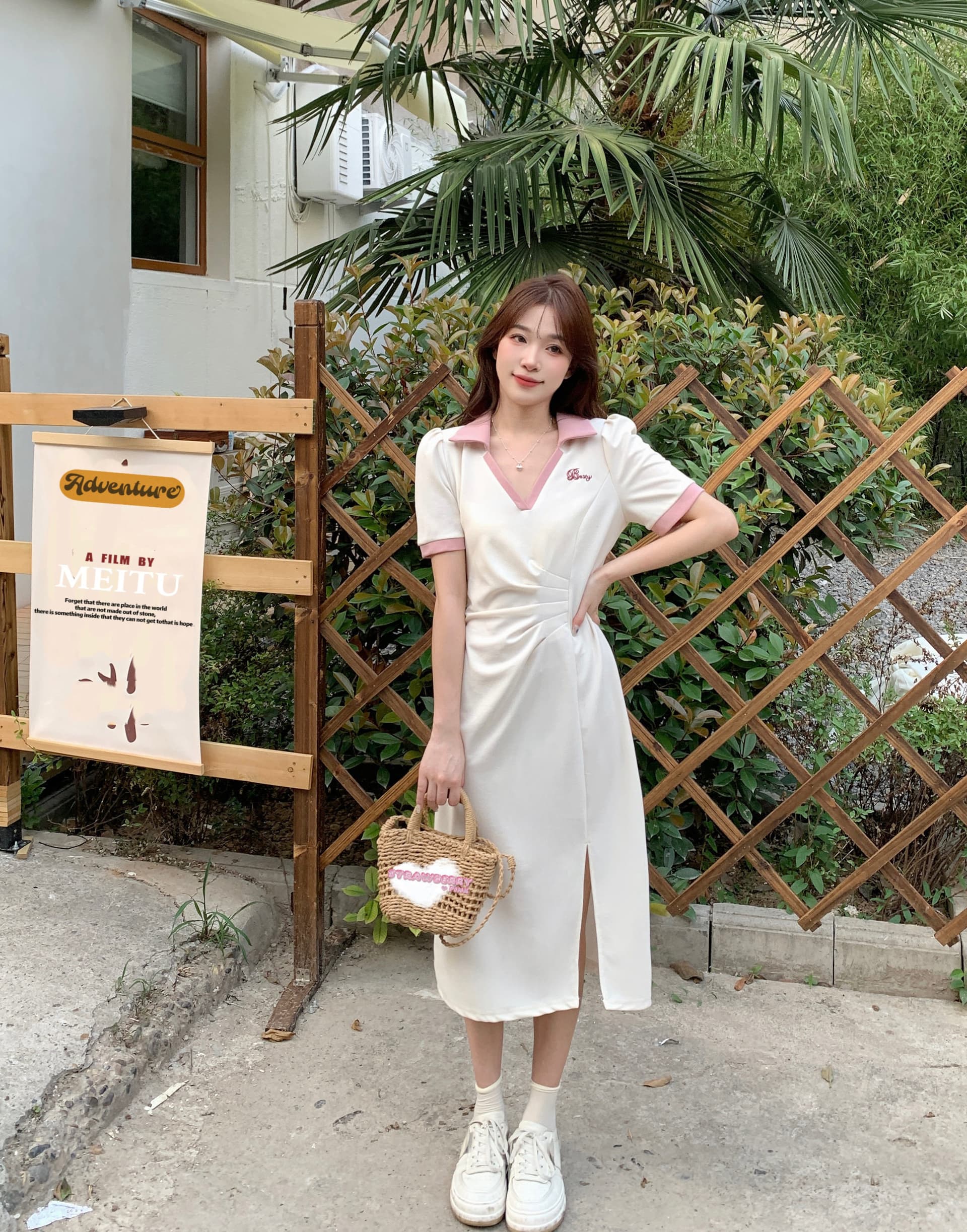 실사 빅 사이즈 주름 표지 배 슬림해 보이는 여성 드레스 여름 마이크로 지방 학원 스타일 V넥 길다 치마 품격 상세 이미지 13