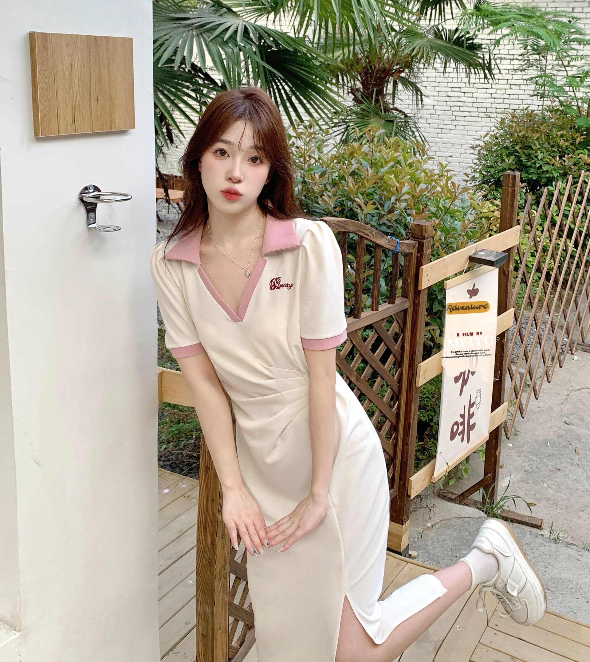 실사 빅 사이즈 주름 표지 배 슬림해 보이는 여성 드레스 여름 마이크로 지방 학원 스타일 V넥 길다 치마 품격 상세 이미지 15