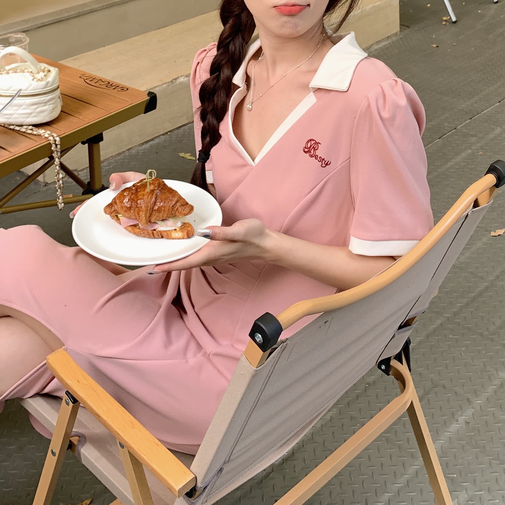 실사 빅 사이즈 주름 표지 배 슬림해 보이는 여성 드레스 여름 마이크로 지방 학원 스타일 V넥 길다 치마 품격 상세 이미지 16