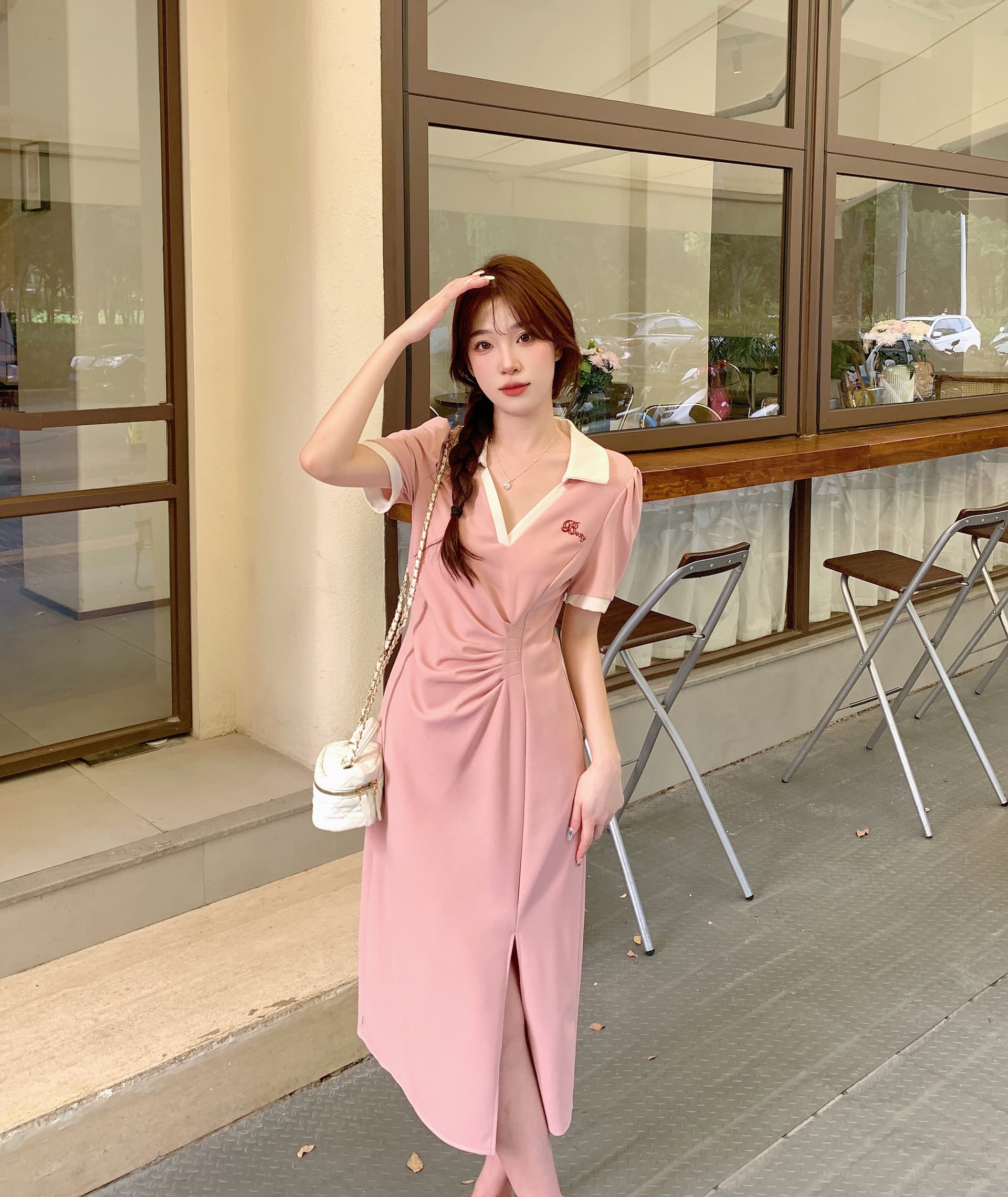 실사 빅 사이즈 주름 표지 배 슬림해 보이는 여성 드레스 여름 마이크로 지방 학원 스타일 V넥 길다 치마 품격 상세 이미지 19