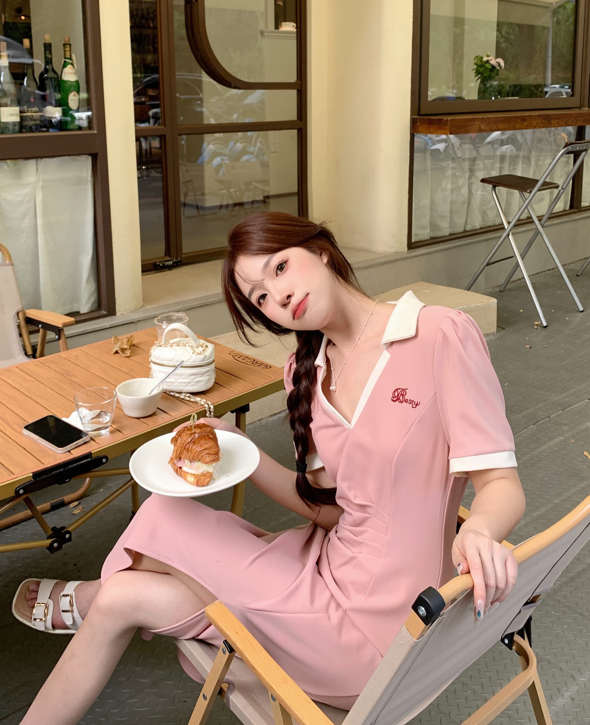 실사 빅 사이즈 주름 표지 배 슬림해 보이는 여성 드레스 여름 마이크로 지방 학원 스타일 V넥 길다 치마 품격 상세 이미지 20