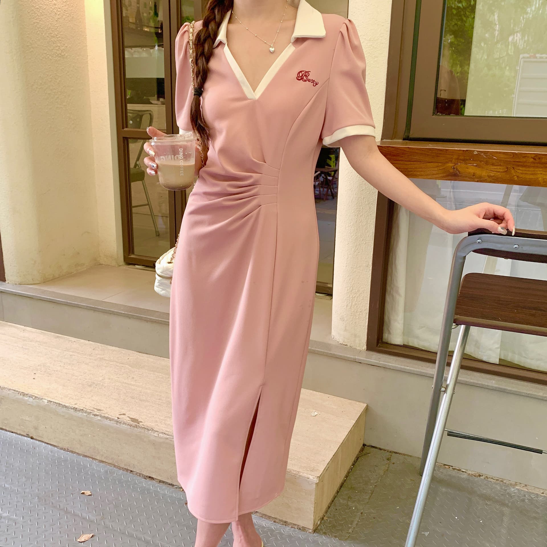 실사 빅 사이즈 주름 표지 배 슬림해 보이는 여성 드레스 여름 마이크로 지방 학원 스타일 V넥 길다 치마 품격 상세 이미지 22