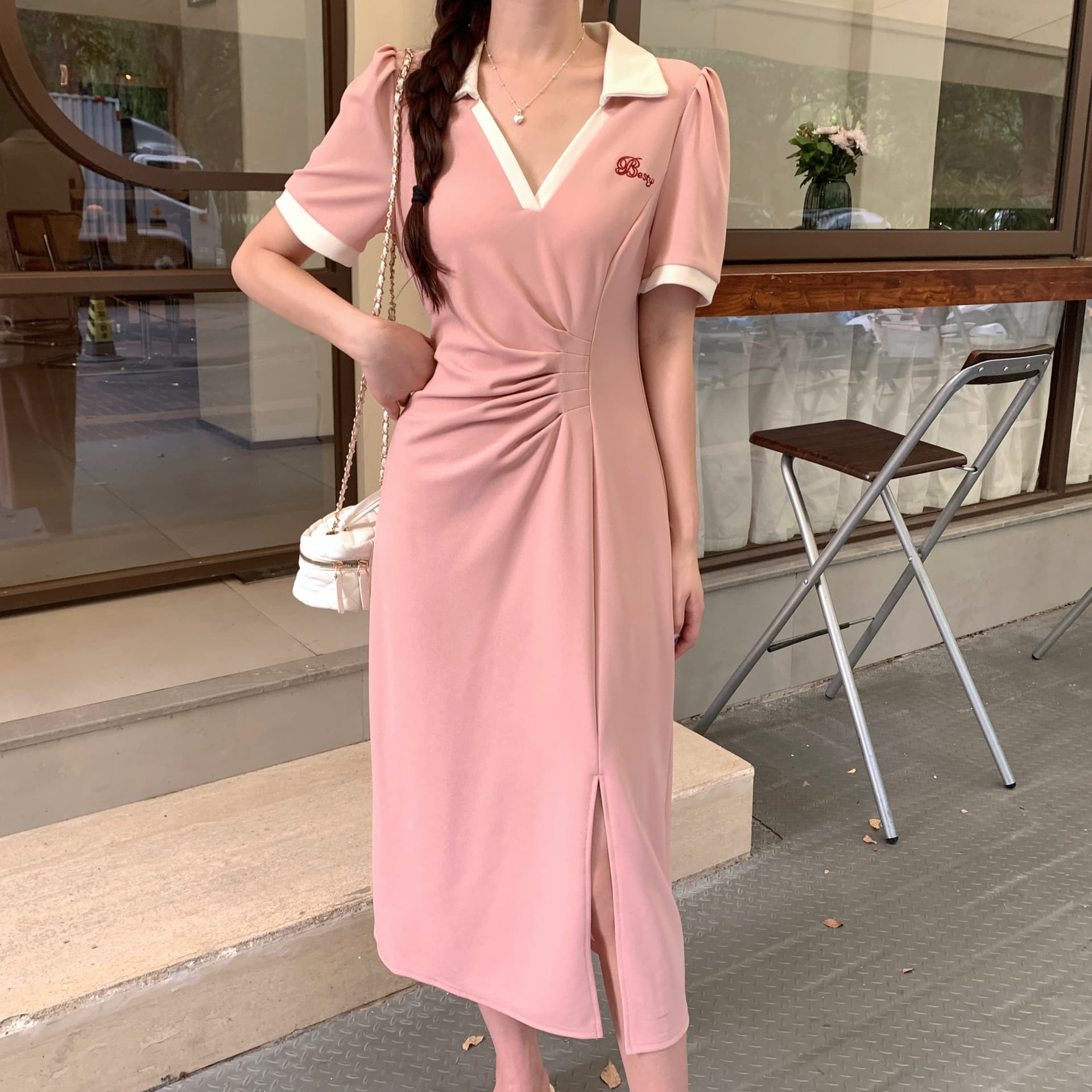 실사 빅 사이즈 주름 표지 배 슬림해 보이는 여성 드레스 여름 마이크로 지방 학원 스타일 V넥 길다 치마 품격 상세 이미지 23
