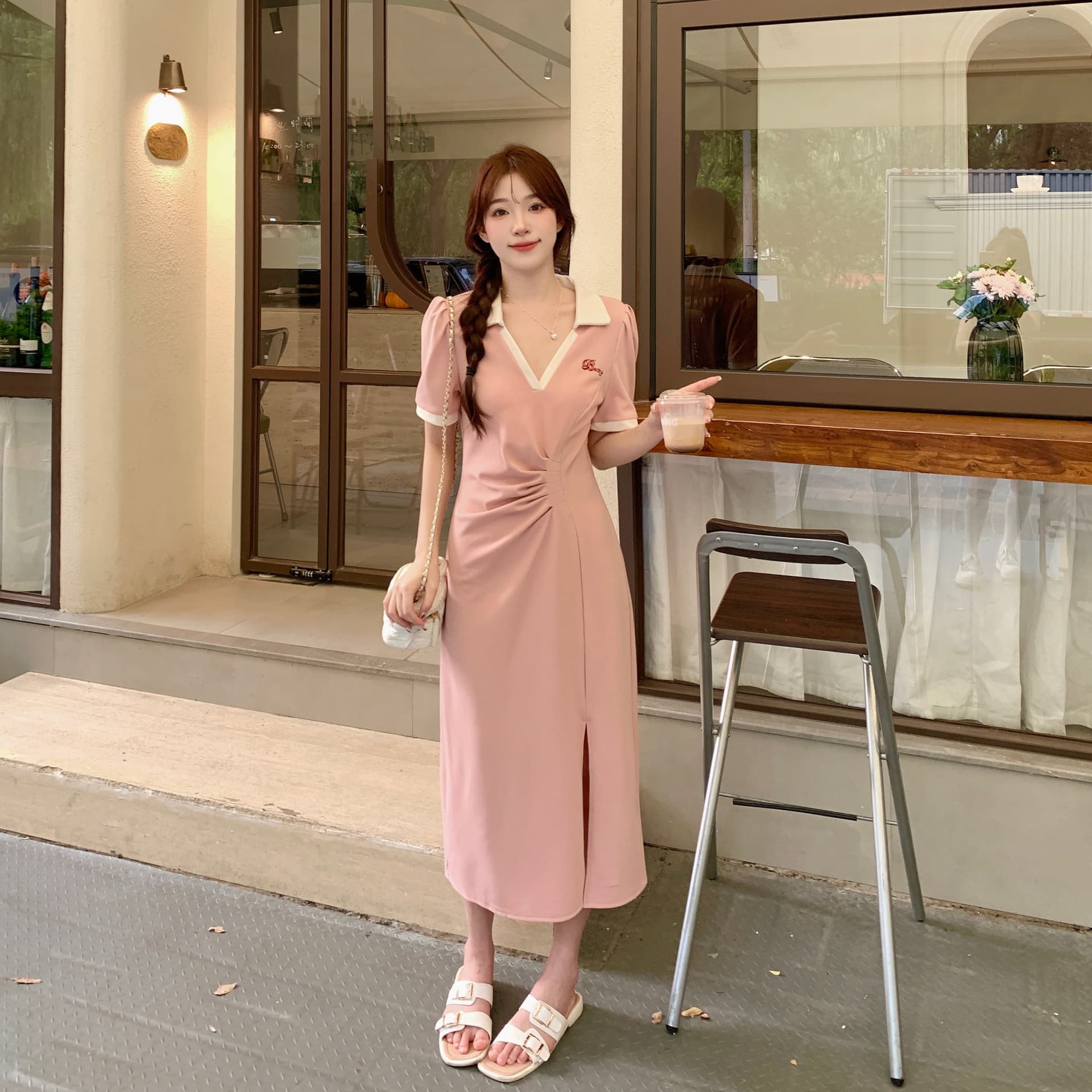 실사 빅 사이즈 주름 표지 배 슬림해 보이는 여성 드레스 여름 마이크로 지방 학원 스타일 V넥 길다 치마 품격 상세 이미지 24