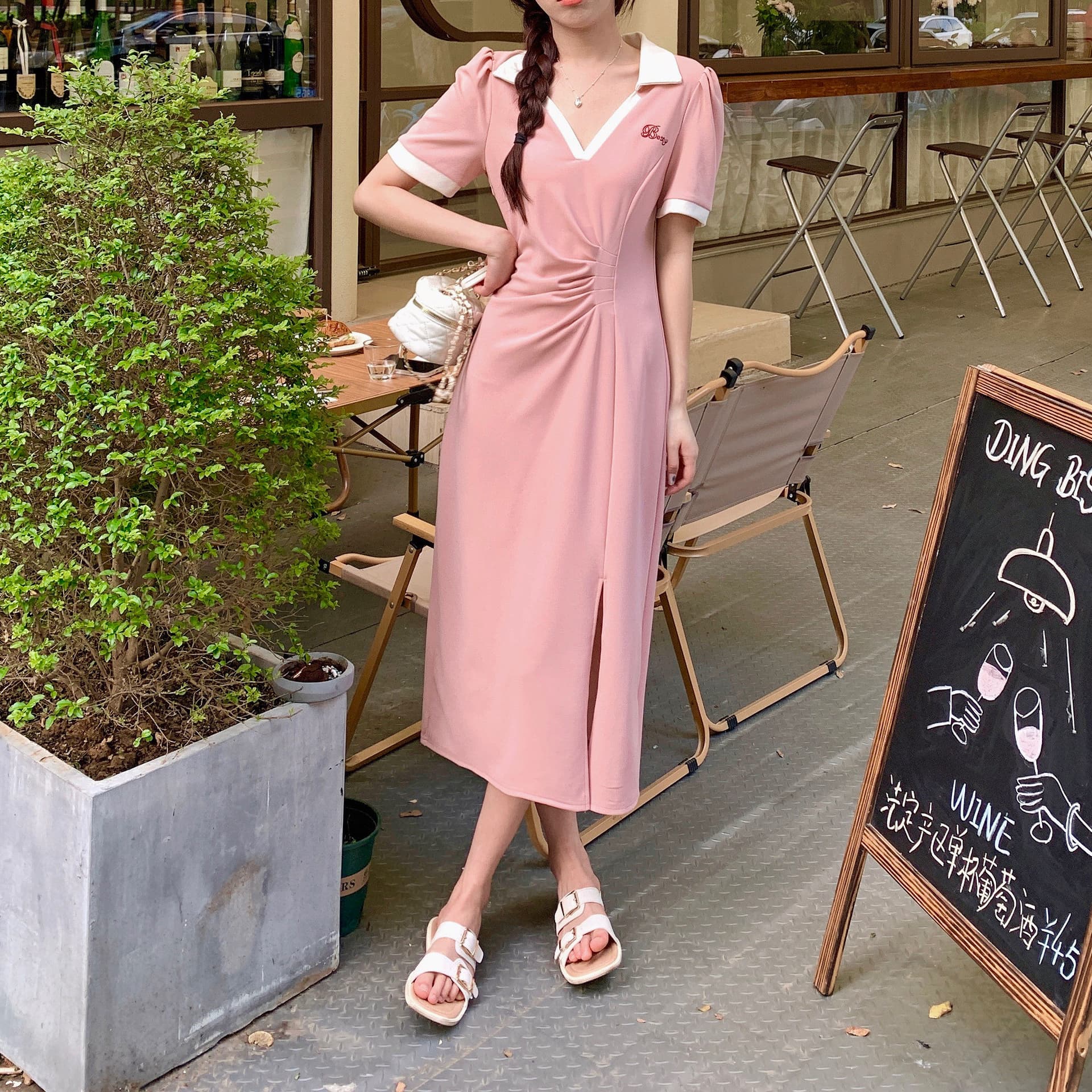 실사 빅 사이즈 주름 표지 배 슬림해 보이는 여성 드레스 여름 마이크로 지방 학원 스타일 V넥 길다 치마 품격 상세 이미지 25
