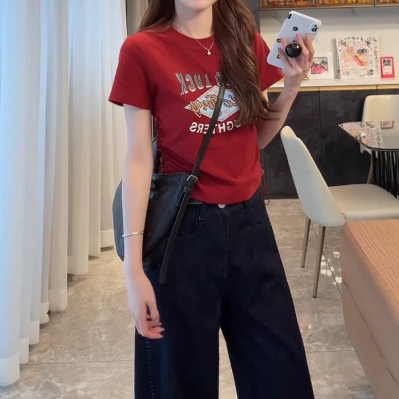 원본 품질 아메리칸 레트로 펌프 로프 허리 수축 슬림해 보이는 맨위 여름 빅 사이즈 라운드 넥 긍정적 인 어깨 반팔 티셔츠 이미지 4
