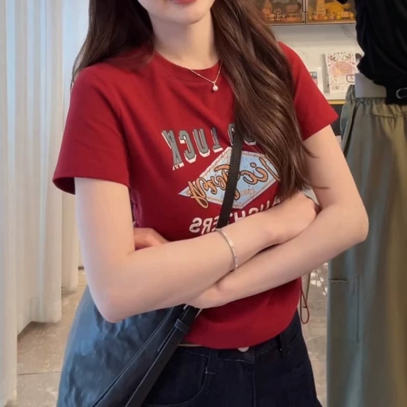 원본 품질 아메리칸 레트로 펌프 로프 허리 수축 슬림해 보이는 맨위 여름 빅 사이즈 라운드 넥 긍정적 인 어깨 반팔 티셔츠 상세 이미지 5