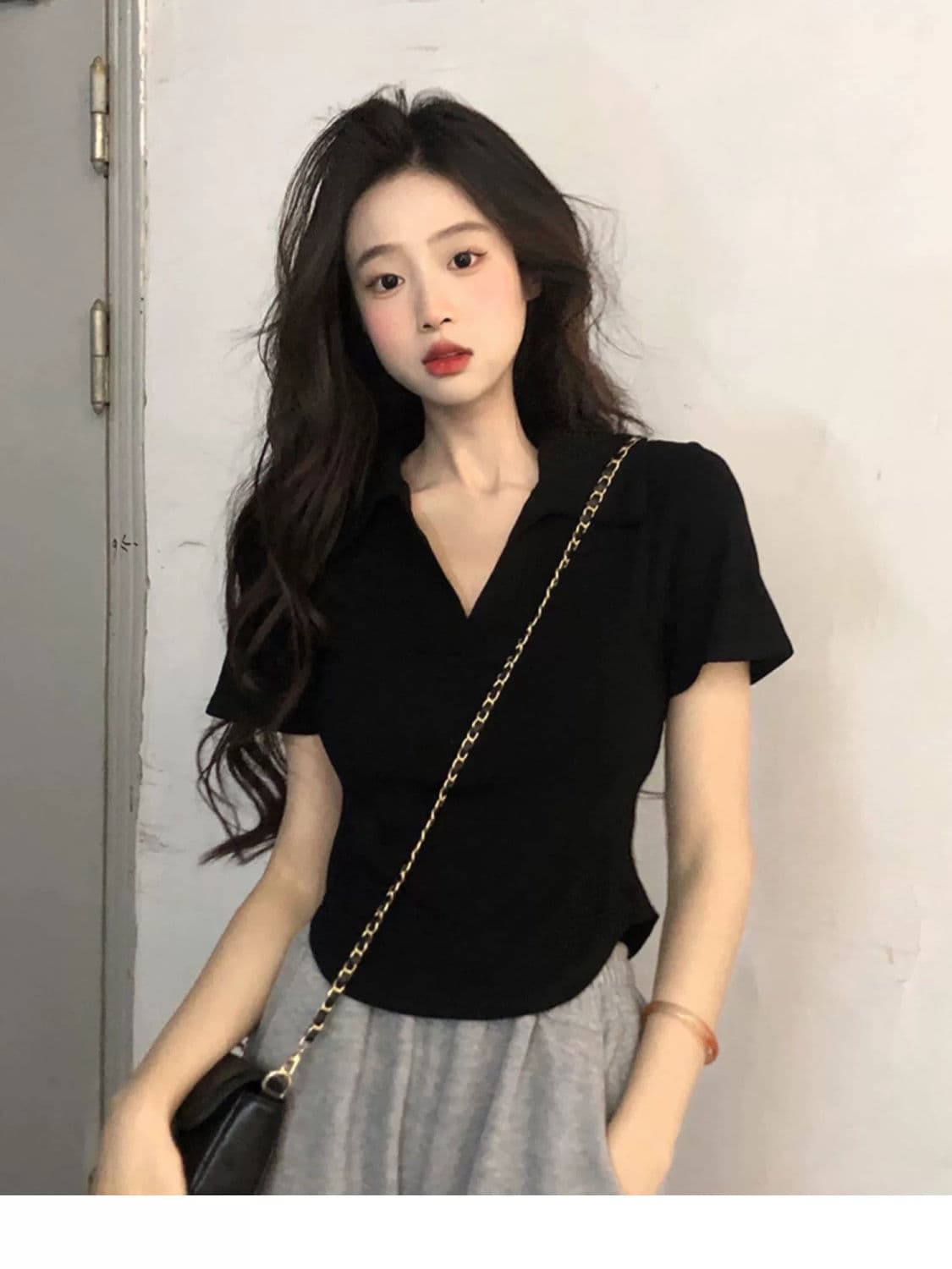 40 1 1 리브 면 260 그램 새로운 POLO 칼라 반팔 티셔츠 여성 여름 불규칙 슬림해 보이는 맨위 상세 이미지 2