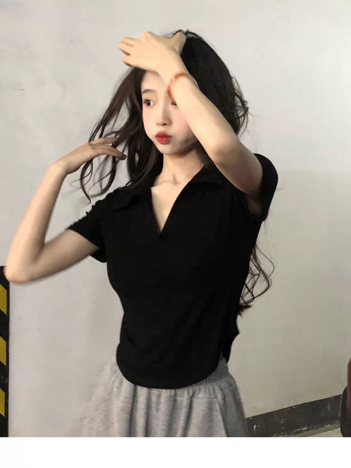 40 1 1 리브 면 260 그램 새로운 POLO 칼라 반팔 티셔츠 여성 여름 불규칙 슬림해 보이는 맨위 상세 이미지 3
