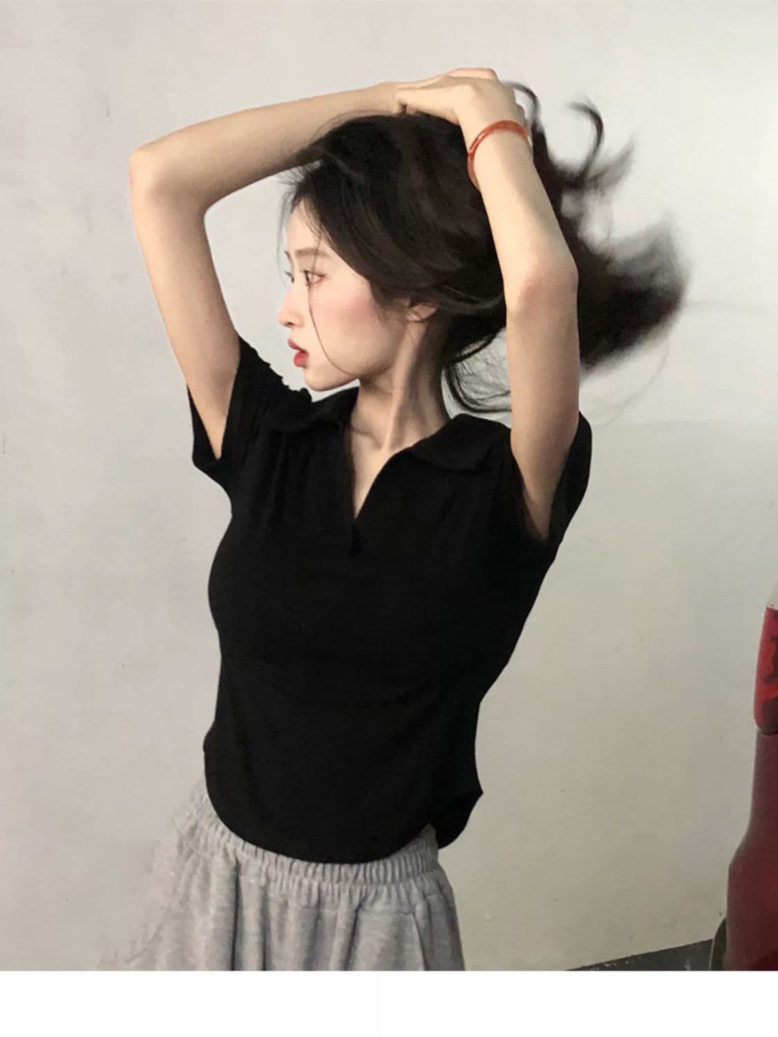 40 1 1 리브 면 260 그램 새로운 POLO 칼라 반팔 티셔츠 여성 여름 불규칙 슬림해 보이는 맨위 상세 이미지 4