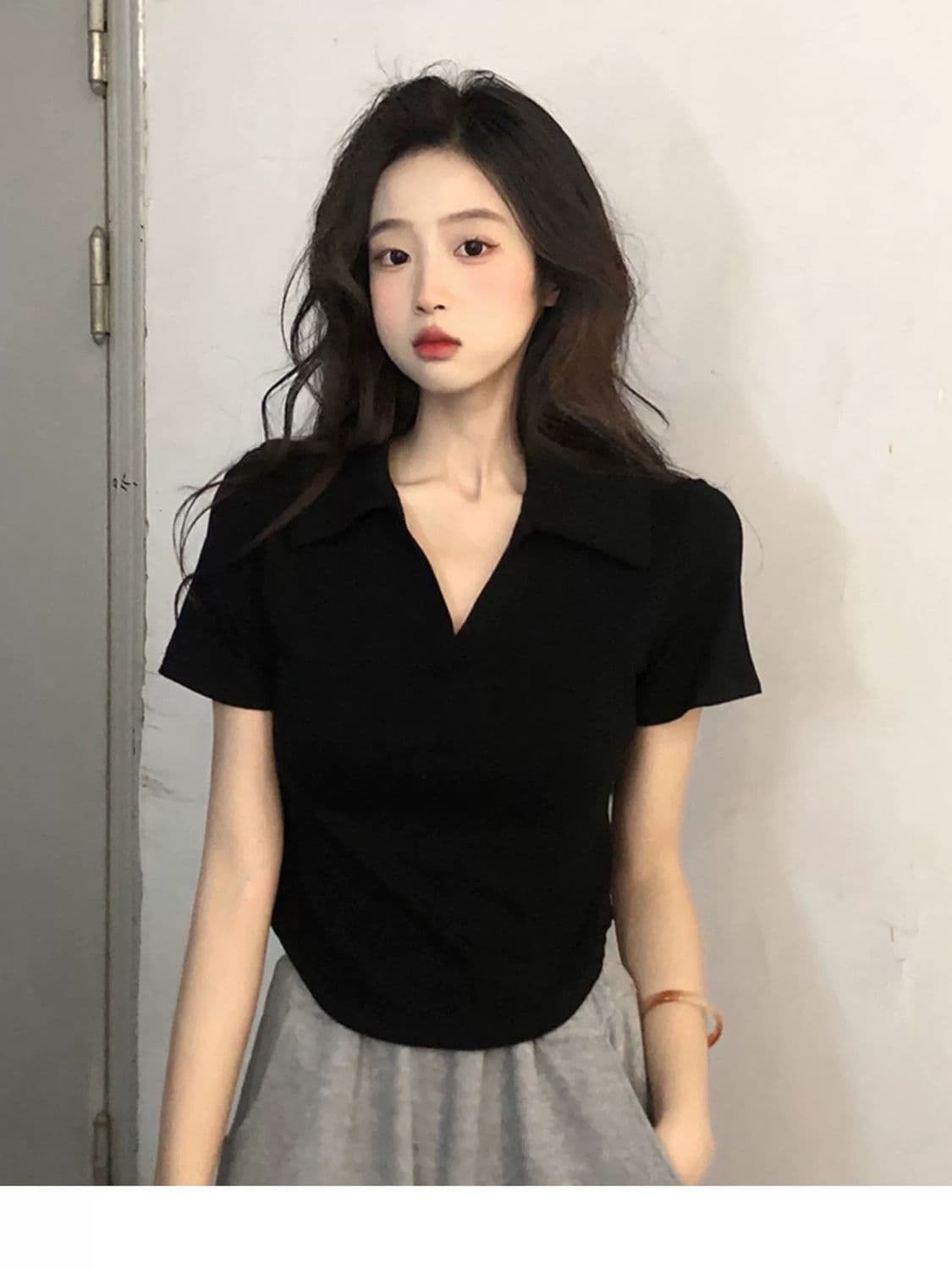 40 1 1 리브 면 260 그램 새로운 POLO 칼라 반팔 티셔츠 여성 여름 불규칙 슬림해 보이는 맨위 상세 이미지 5
