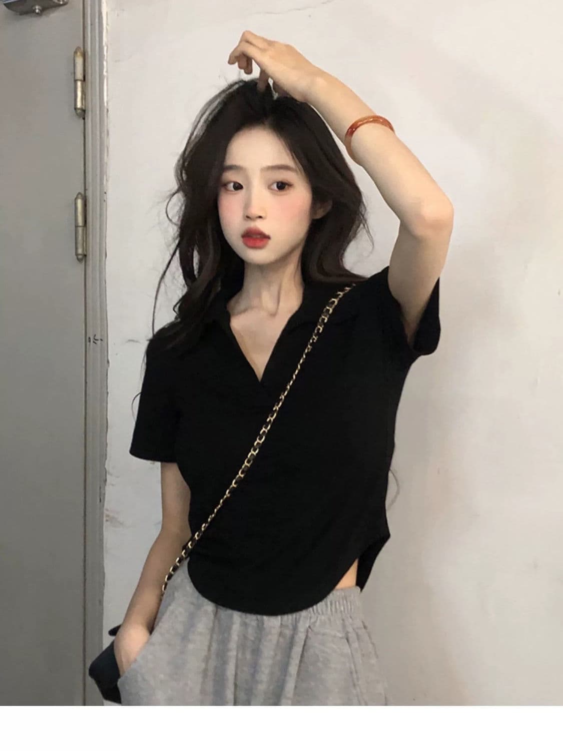 40 1 1 리브 면 260 그램 새로운 POLO 칼라 반팔 티셔츠 여성 여름 불규칙 슬림해 보이는 맨위 상세 이미지 6