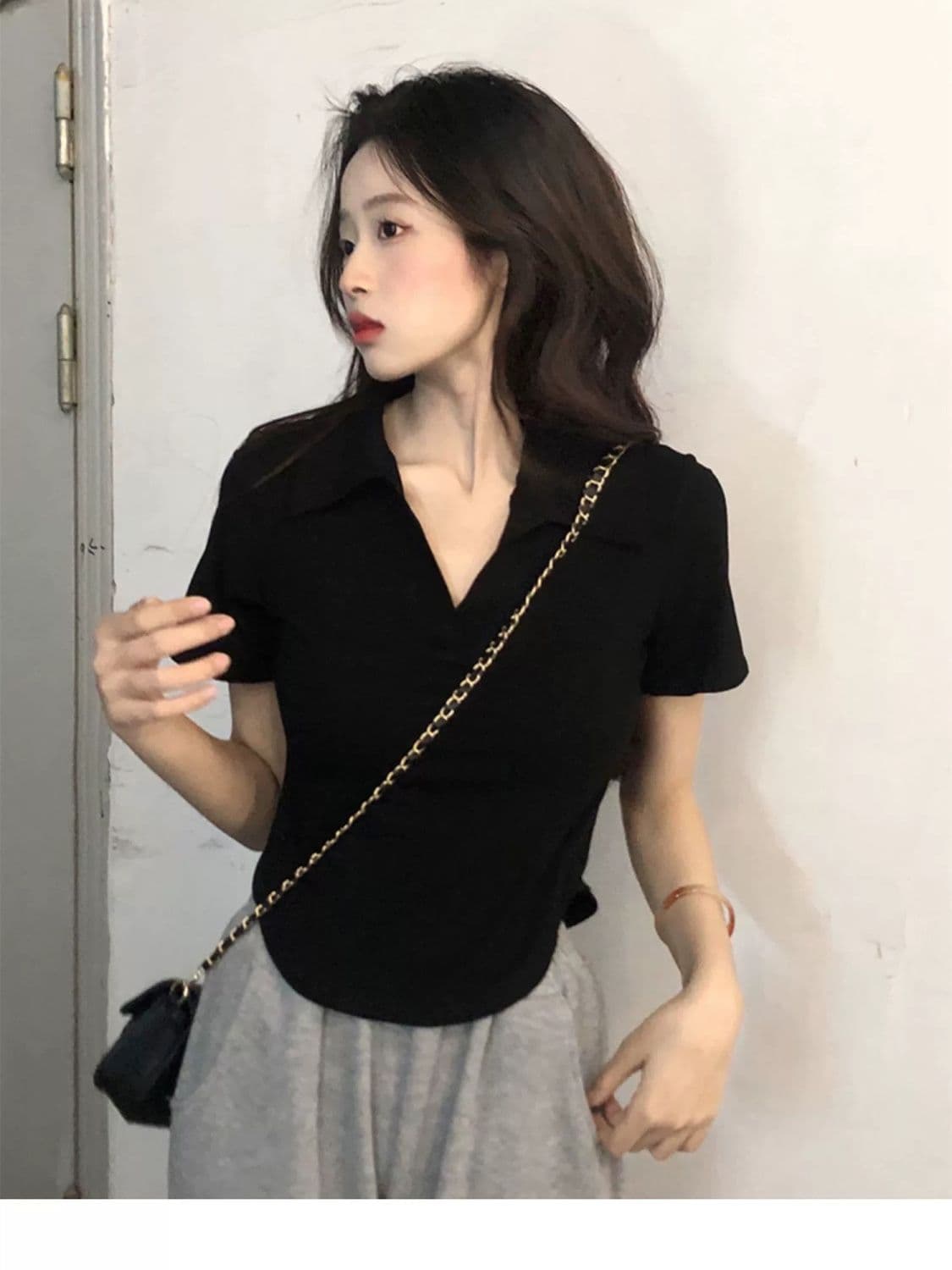 40 1 1 리브 면 260 그램 새로운 POLO 칼라 반팔 티셔츠 여성 여름 불규칙 슬림해 보이는 맨위 상세 이미지 7