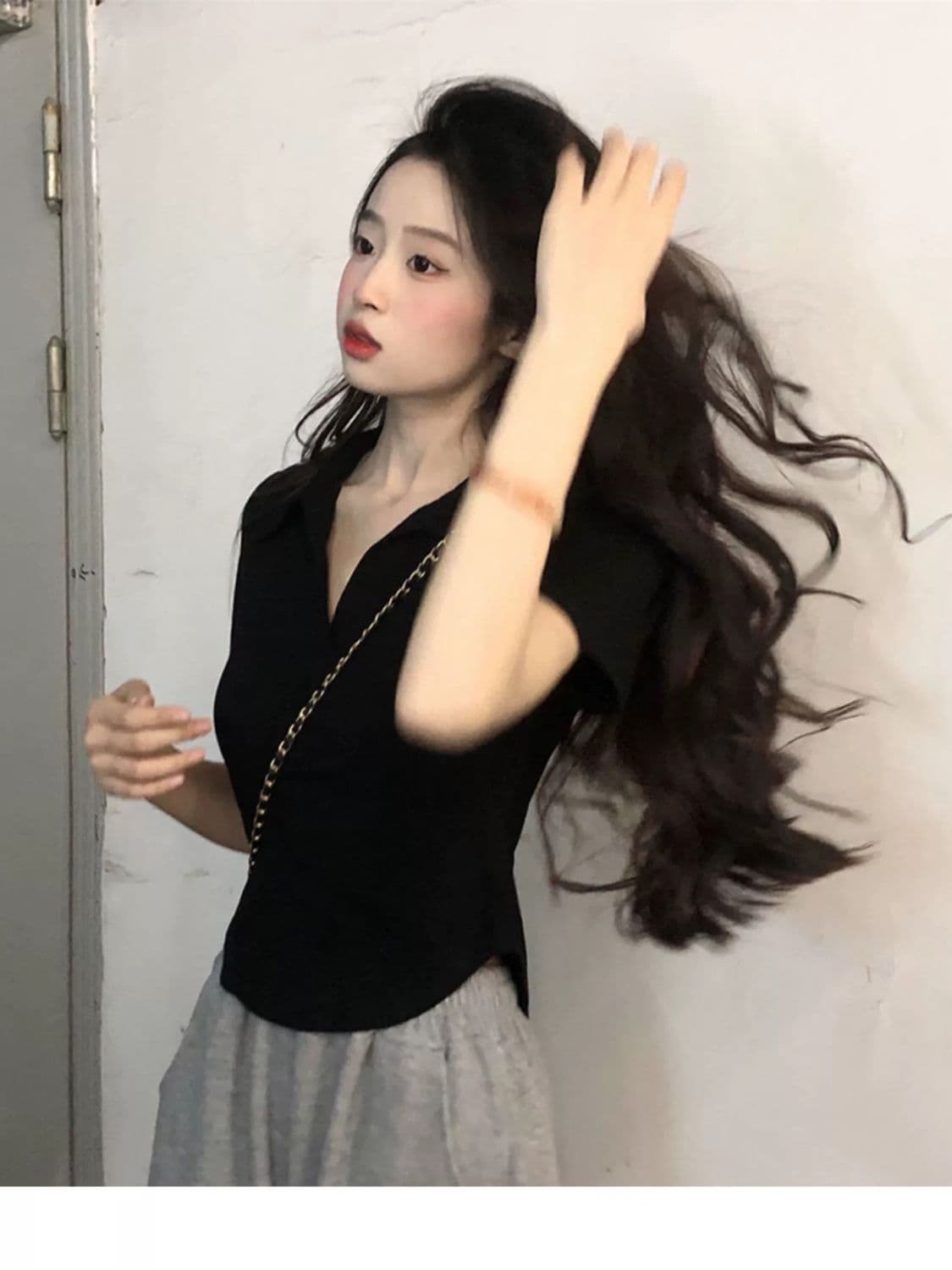 40 1 1 리브 면 260 그램 새로운 POLO 칼라 반팔 티셔츠 여성 여름 불규칙 슬림해 보이는 맨위 상세 이미지 8