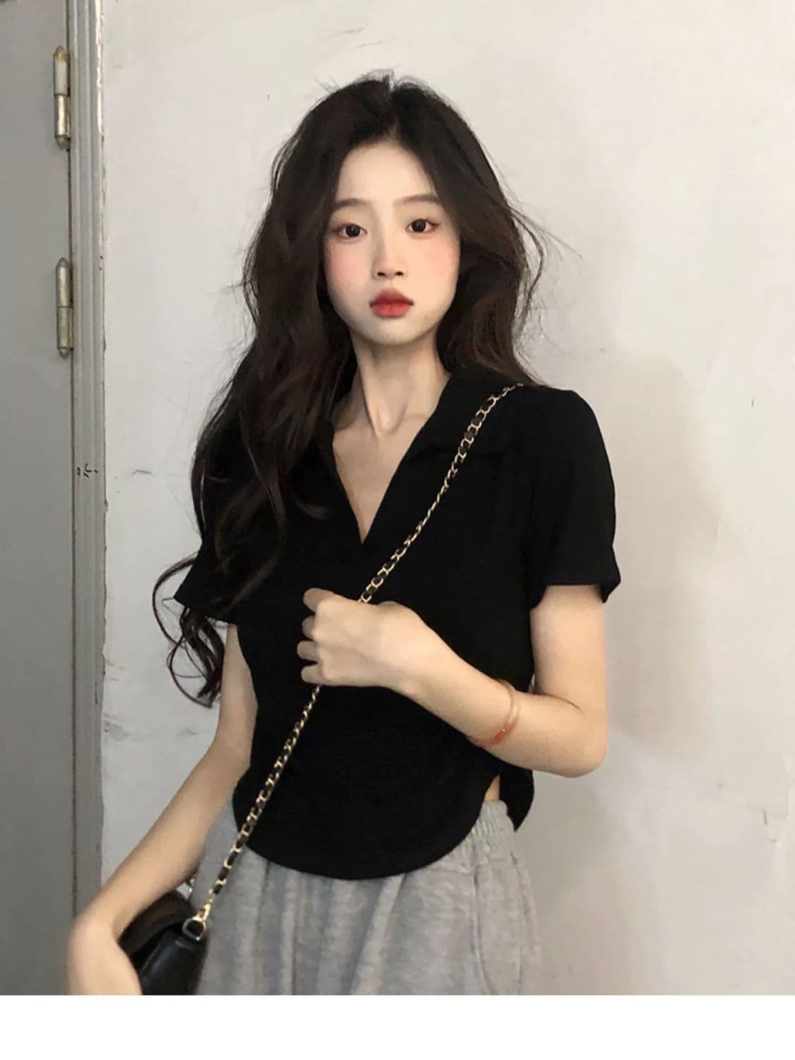 40 1 1 리브 면 260 그램 새로운 POLO 칼라 반팔 티셔츠 여성 여름 불규칙 슬림해 보이는 맨위 상세 이미지 9