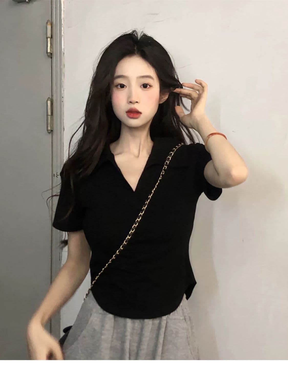 40 1 1 리브 면 260 그램 새로운 POLO 칼라 반팔 티셔츠 여성 여름 불규칙 슬림해 보이는 맨위 상세 이미지 10