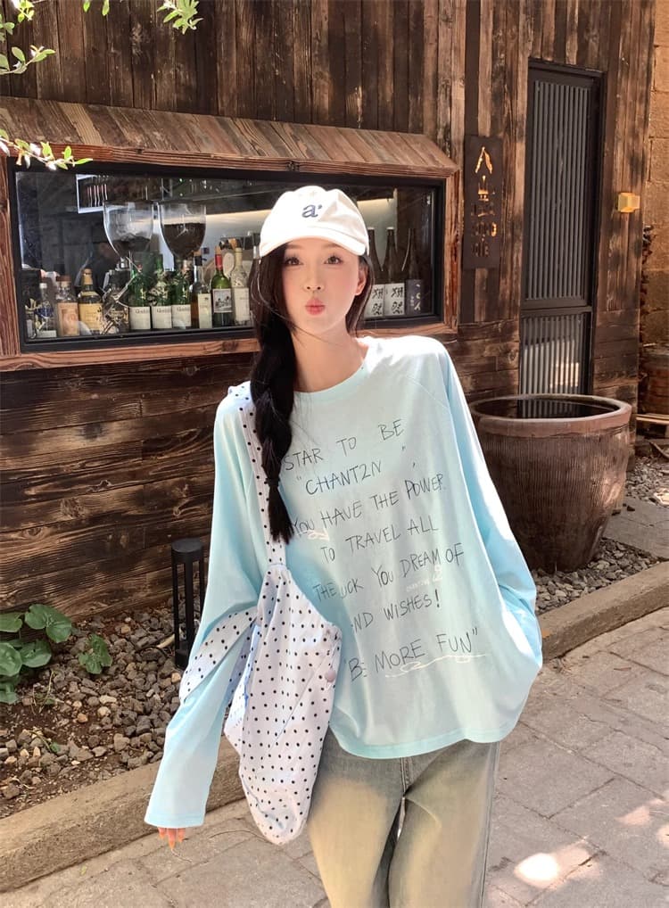 초기 가을 도파민 chic 한 부서 새로운 루즈핏 만나는 긴팔 알파벳 프린트 티셔츠 자외선 차단 맨위 이미지 4