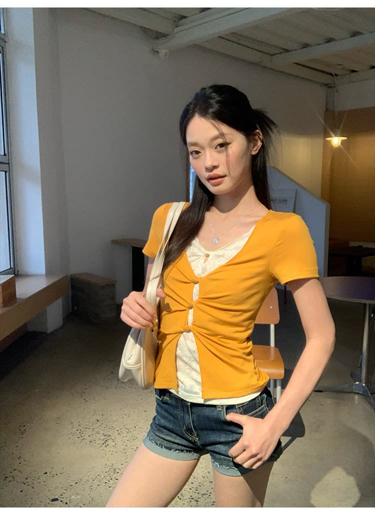 원본 것 디자인 센스 페이크 레이어드 레이스 긍정적 인 어깨 반팔 티셔츠 여름 몸매 가꾸기 슬림해 보이는 핫걸 맨위 상세 이미지 4