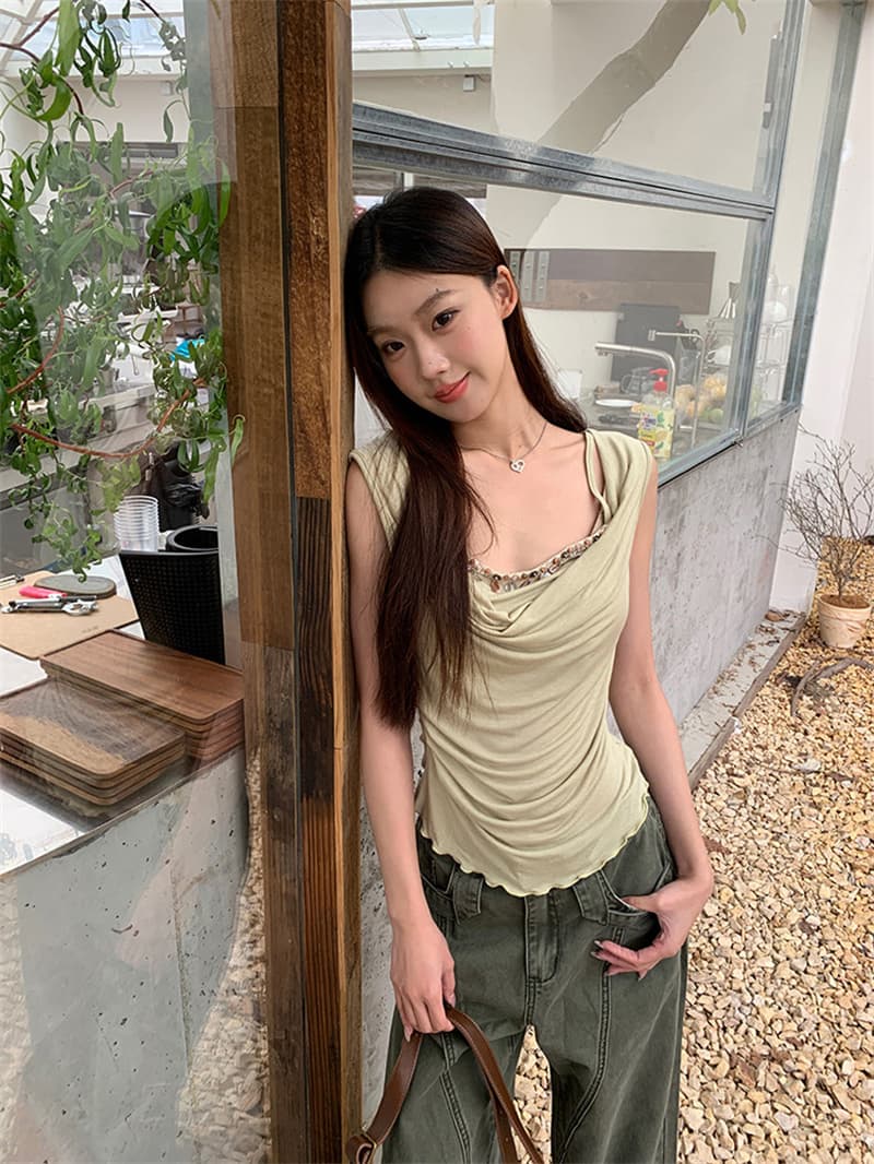 원본 것 긍정적 인 어깨 티셔츠 새로운 폭발 여름 프랑스식 흔들다 칼라 고급 작은 대중 아니요 명중 섹션 민소매 맨위 이미지 2