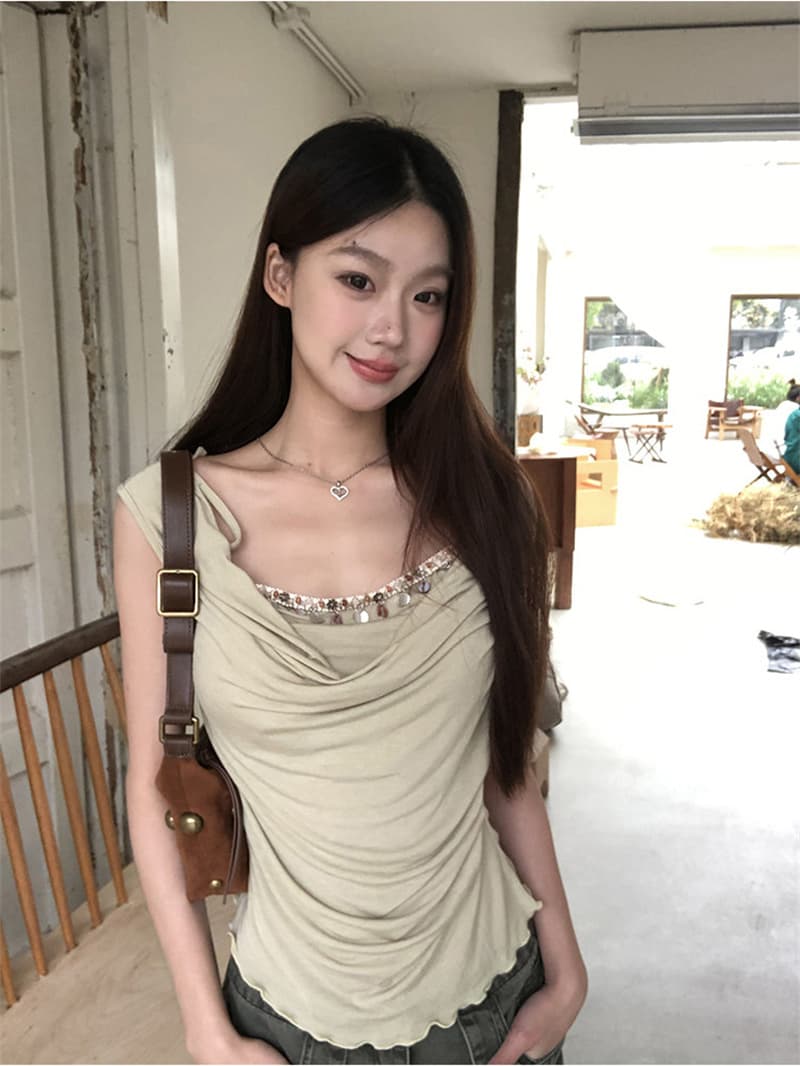 원본 것 긍정적 인 어깨 티셔츠 새로운 폭발 여름 프랑스식 흔들다 칼라 고급 작은 대중 아니요 명중 섹션 민소매 맨위 상세 이미지 4