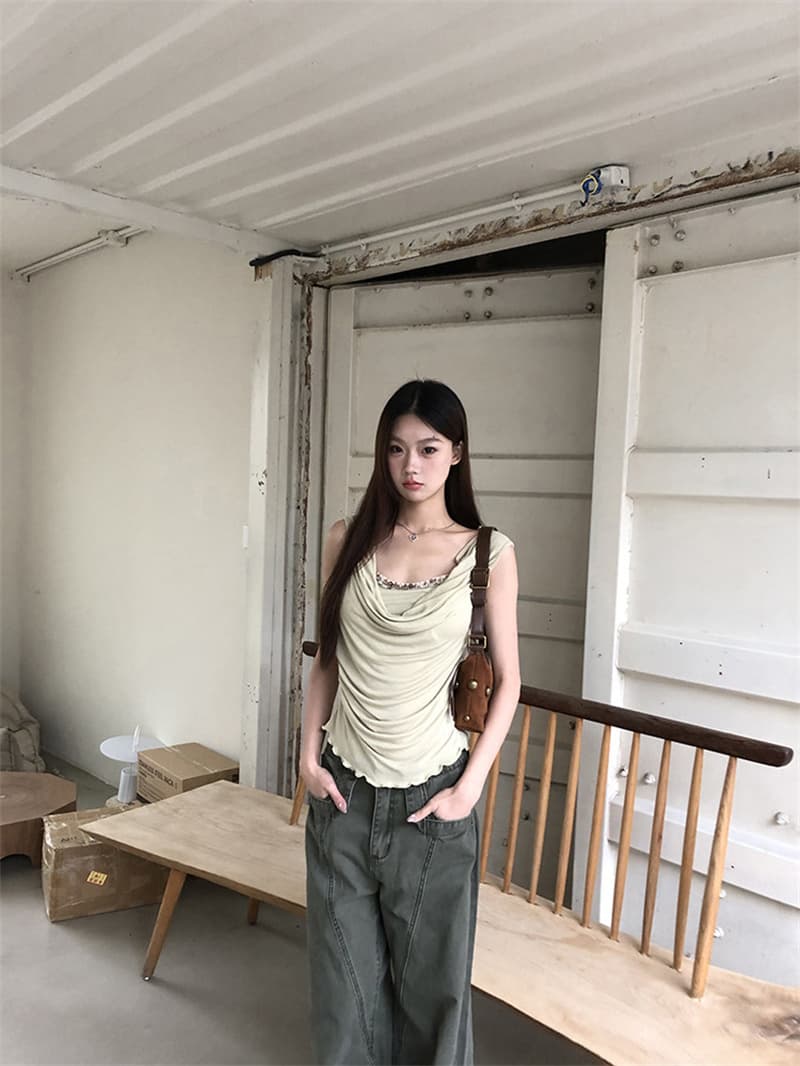 원본 것 긍정적 인 어깨 티셔츠 새로운 폭발 여름 프랑스식 흔들다 칼라 고급 작은 대중 아니요 명중 섹션 민소매 맨위 상세 이미지 8
