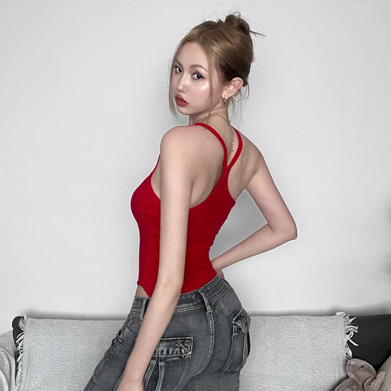 빨간색 디스플레이 화이트 디자인 센스 작은 대중 자수 민소매 올인원 의류 여성 핫걸 낮은 네크라인 인사이드 가져 가라. 조끼 맨위 트렌디 상세 이미지 3