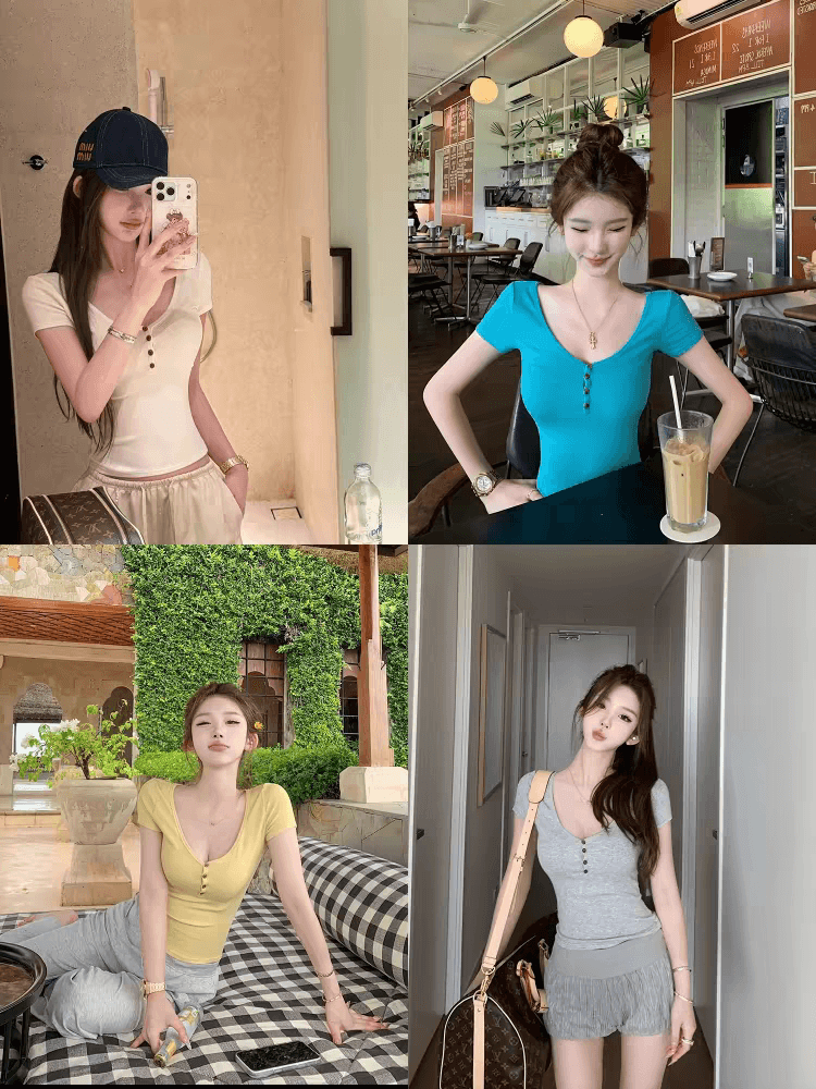 장기 지배 단색 신축성 구덩이 기사 티셔츠 여성 의류 여름 몸매 가꾸기 슬림해 보이는 V넥 반팔 동정 맨위 여성 상세 이미지 4