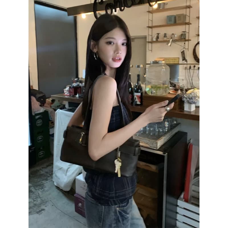 원본 품질 해군 체크무늬 여성 여름 레이스업 민소매 외출용 튜브탑 몸매 가꾸기 슬림해 보이는 핫걸 맨위 이미지 3