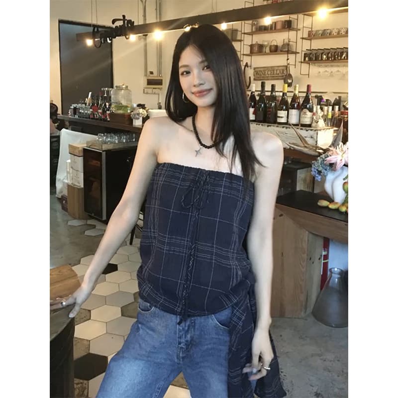 원본 품질 해군 체크무늬 여성 여름 레이스업 민소매 외출용 튜브탑 몸매 가꾸기 슬림해 보이는 핫걸 맨위