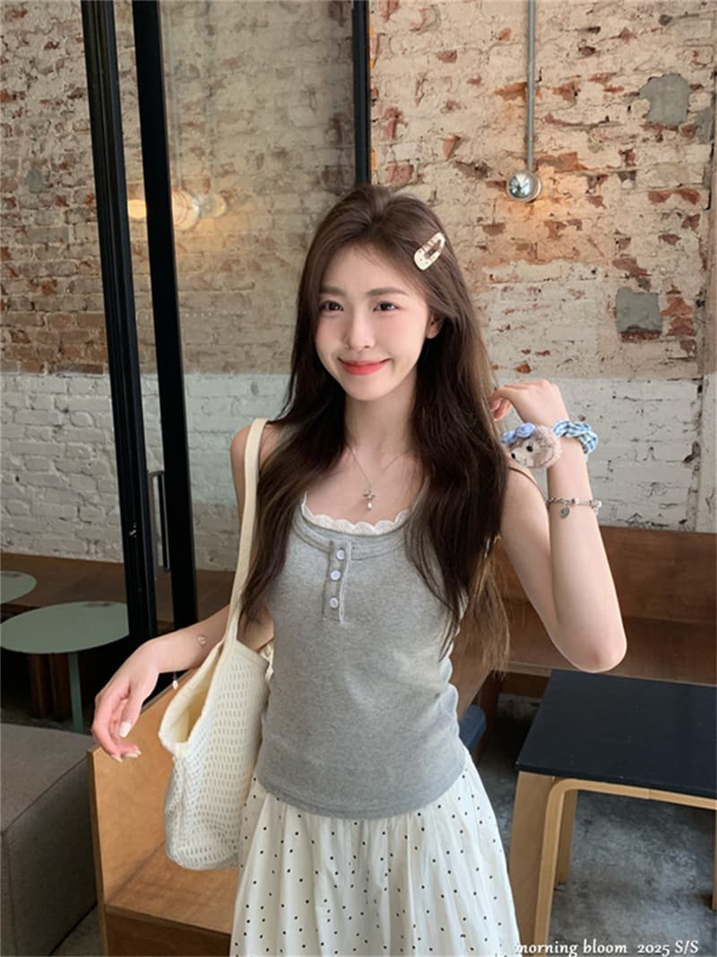 순수한 욕망 바람 레이스 조각 단추 캐미솔 여름 디자인 페이크 레이어드 몸매 가꾸기 핫걸 작은 맨위 상세 이미지 4