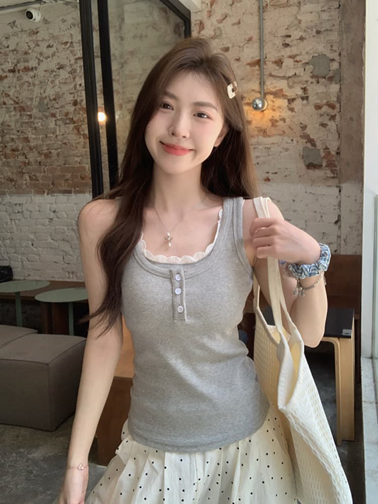 순수한 욕망 바람 레이스 조각 단추 캐미솔 여름 디자인 페이크 레이어드 몸매 가꾸기 핫걸 작은 맨위 상세 이미지 15