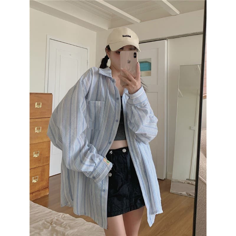 원본 원단 솜씨 얇은 스타일 셔츠 맨위 디자인 센스 루즈핏 느긋한 긴팔 스트라이프 카디건 코트 이미지 5