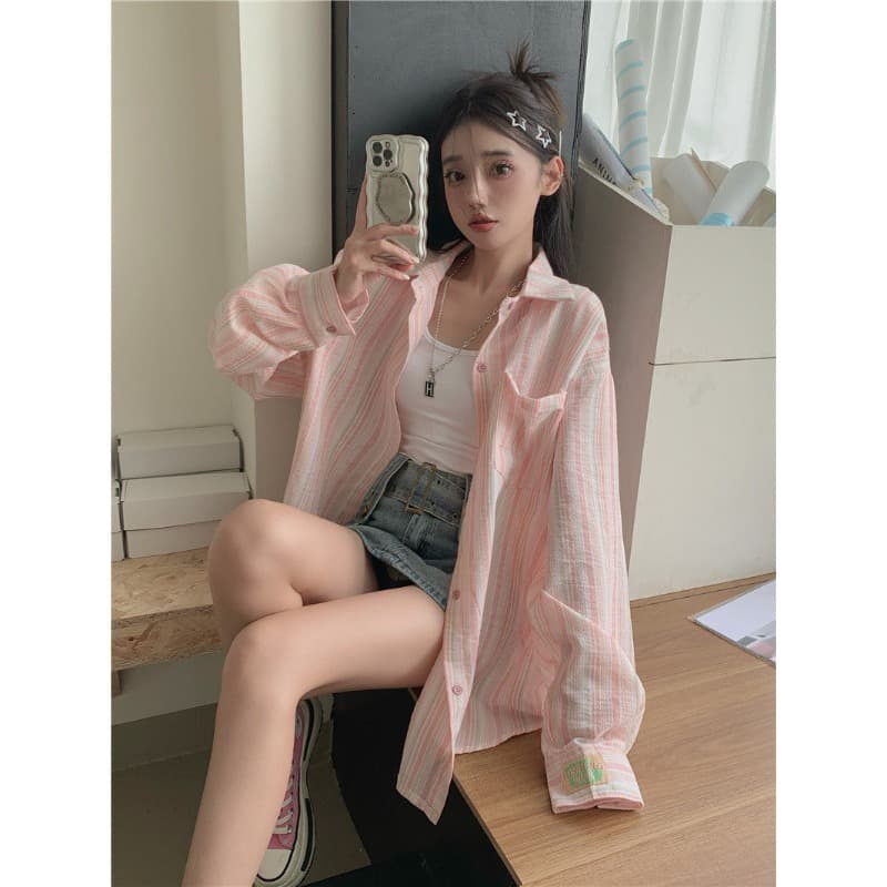원본 원단 솜씨 얇은 스타일 셔츠 맨위 디자인 센스 루즈핏 느긋한 긴팔 스트라이프 카디건 코트 이미지 3