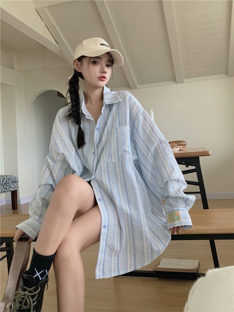원본 원단 솜씨 얇은 스타일 셔츠 맨위 디자인 센스 루즈핏 느긋한 긴팔 스트라이프 카디건 코트 상세 이미지 2