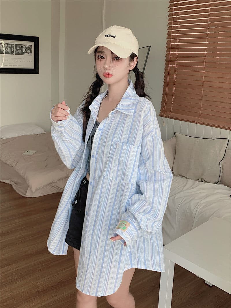 원본 원단 솜씨 얇은 스타일 셔츠 맨위 디자인 센스 루즈핏 느긋한 긴팔 스트라이프 카디건 코트 상세 이미지 4